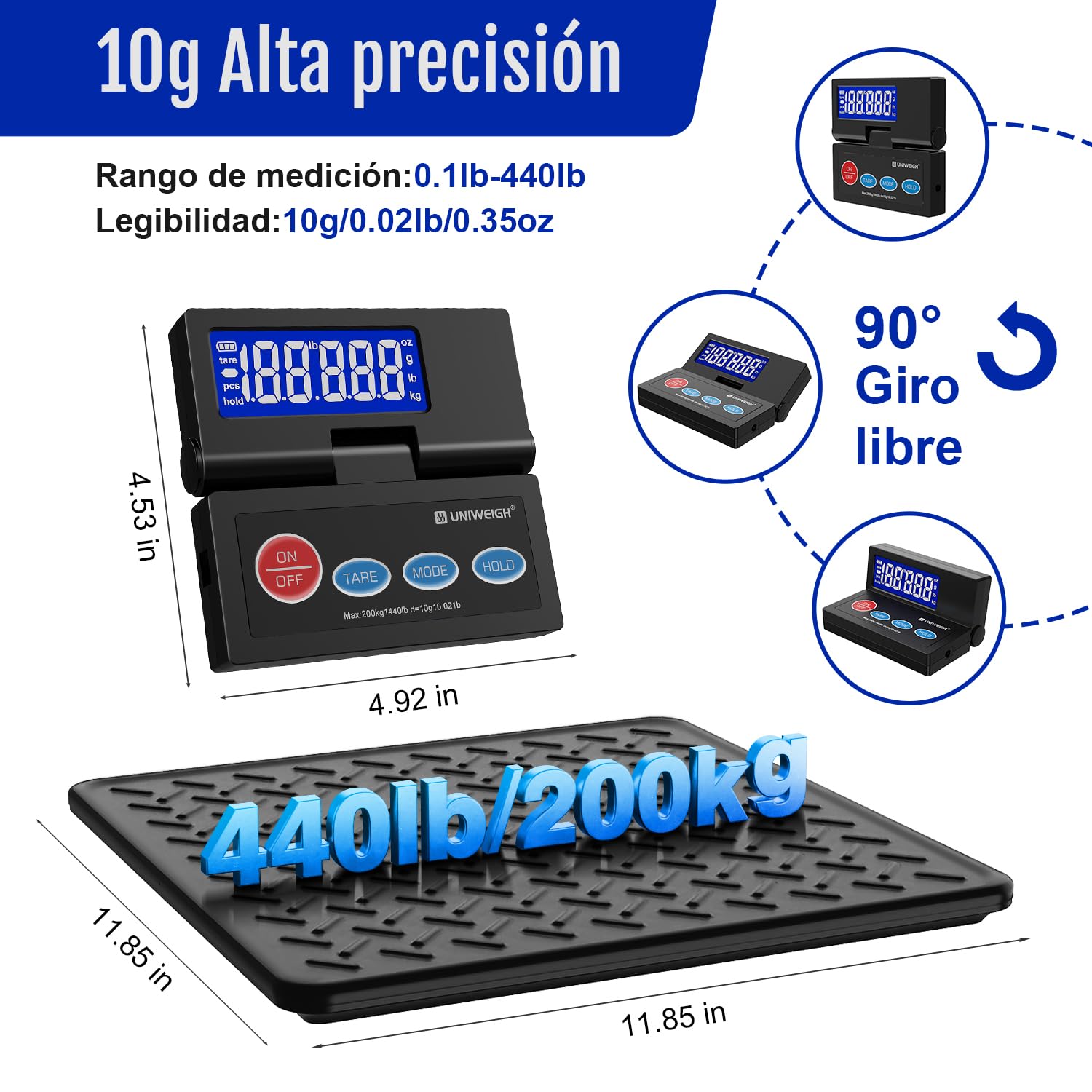 UNIWEIGH Báscula digital para paquetes, 10 g, precisión para paquetes con pantalla LCD retroiluminada, plataforma de acero aleado, funcionamiento por USB A/batería, tara/Hold/Auto-Off, báscula de