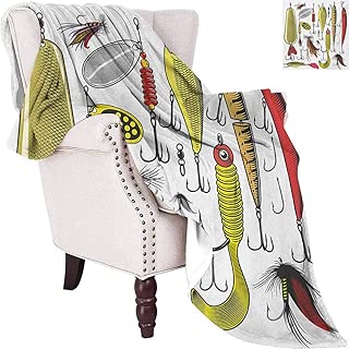 MKOK Fishing Commercial Grade Printed Blanket Collection of Artificial Bait Twister Trapping Activity Hunting Fishing Concept Queen King W91 x L60 Inch Yellow Red - coolthings.us