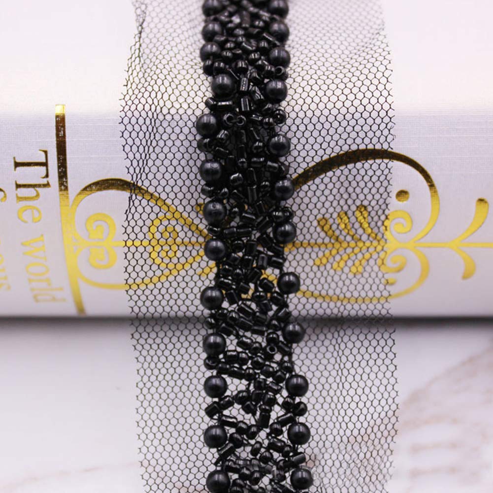 BeesClover 2yds Pearl Beaded Lace Trim Vintage Mesh Crystal Ribbon Sewing Hem 0.6'' Width black