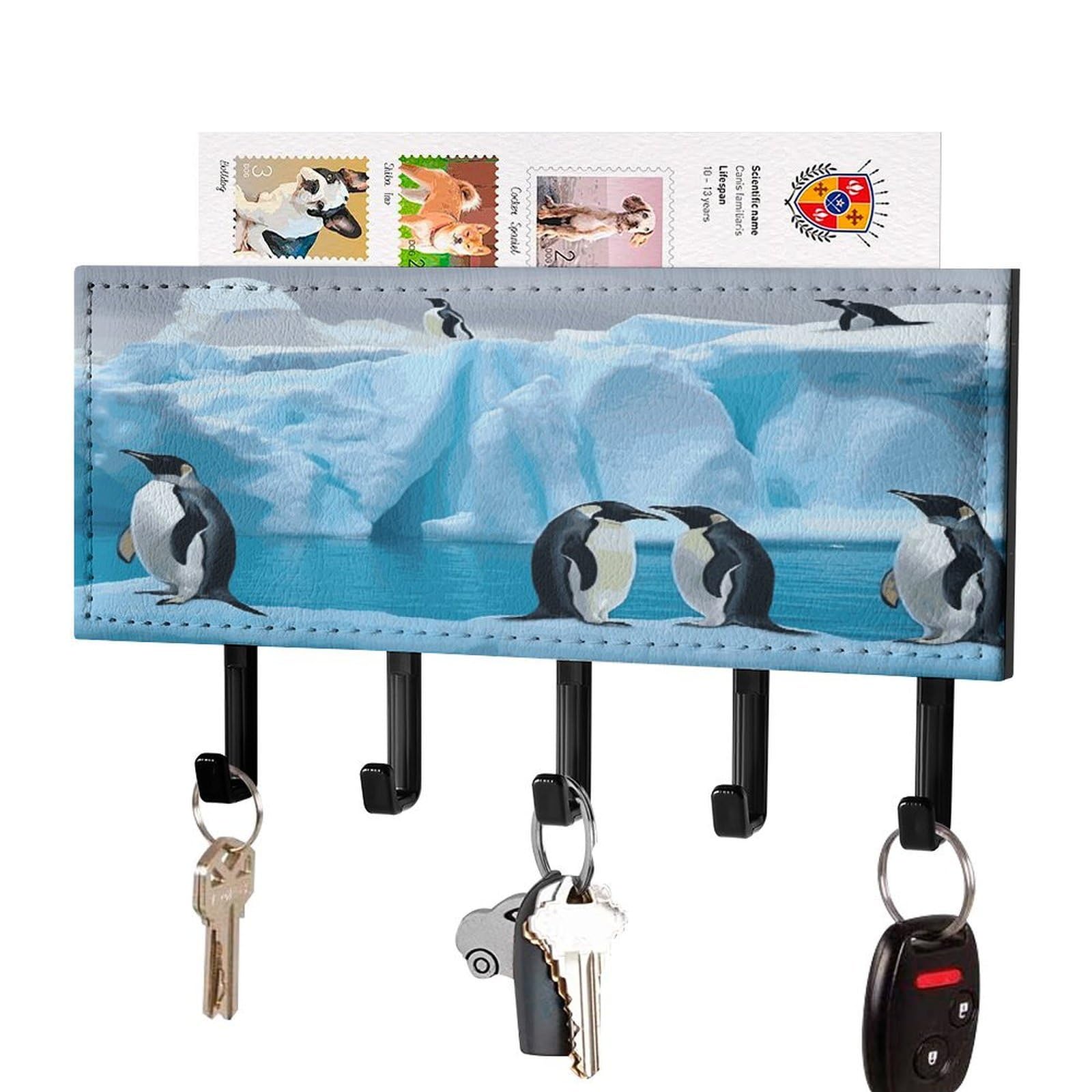 Fekiloot Black-Style Penguins On The Iceberg Key Holder Wall Mount Decorative Key And Mail Holder With 5 Hooks Key Hanger Organizer Pu Key Rack Decorative Home Decor For Wall Living Room Entryway Office