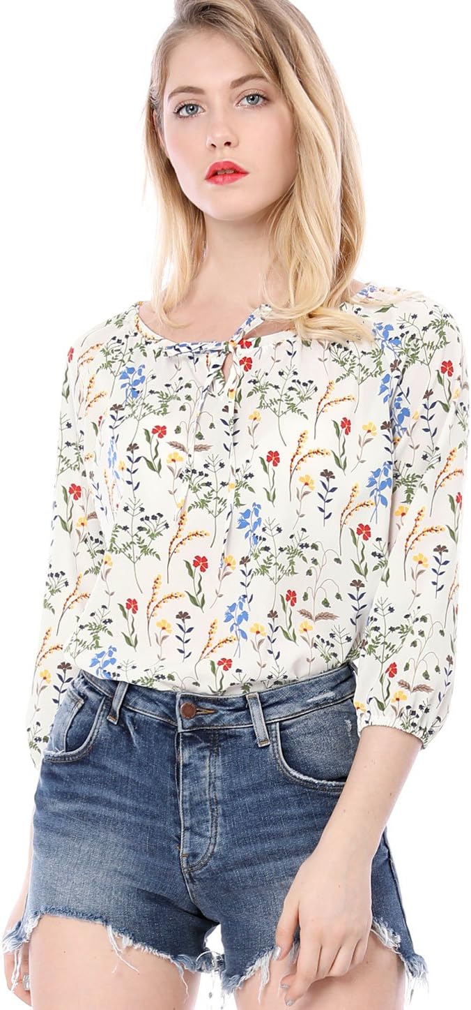 Allegra K Women's Bow Tie Neck 3/4 Raglan Sleeve Floral Blouse Tops