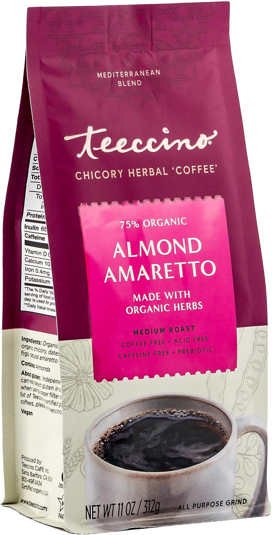 Teeccino Almond Amaretto Chicory Coffee Alternative - 11 Ounce - Ground Herbal Coffee That’s Prebiotic, Caffeine Free & Acid Free, Medium Roast