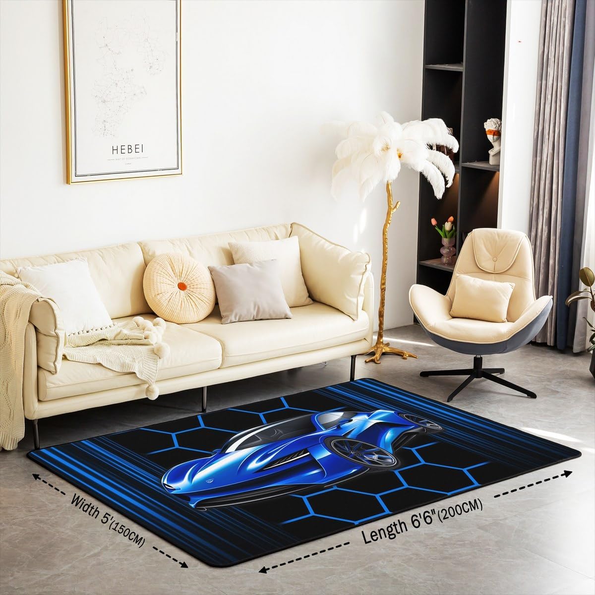 Blue Race Car Decorative Rug 5x6'6''(150cmX200cmX1cm),Honeycomb Geometric Indoor Floor Mat for Playroom Bedside Sofa Bedroom,Extreme Sports Theme Non Shedding Rug for Boys Girls