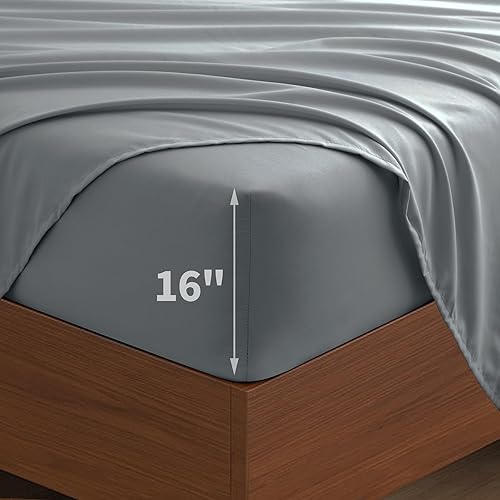Miniatura 5 de TREELY Juego de sábanas grises tamaño Queen, 6 piezas de microfibra cepillada, sábana bajera ajustable de 16 pulgadas de profundidad tamaño Queen,
