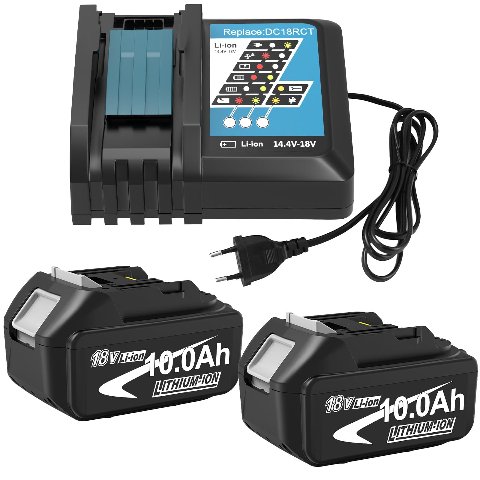 2Stück 18V 10,0Ah für Makita Akkus 18V + DC18RCT 3A Ladegerät LXT | 10.0Ah Hohe Kapazität, DC18RCT 3A Lader mit USB, Kompatibel BL1850B BL1860B BL1830B BL1840B BL1820, Für Alle LXT 18V Geräte