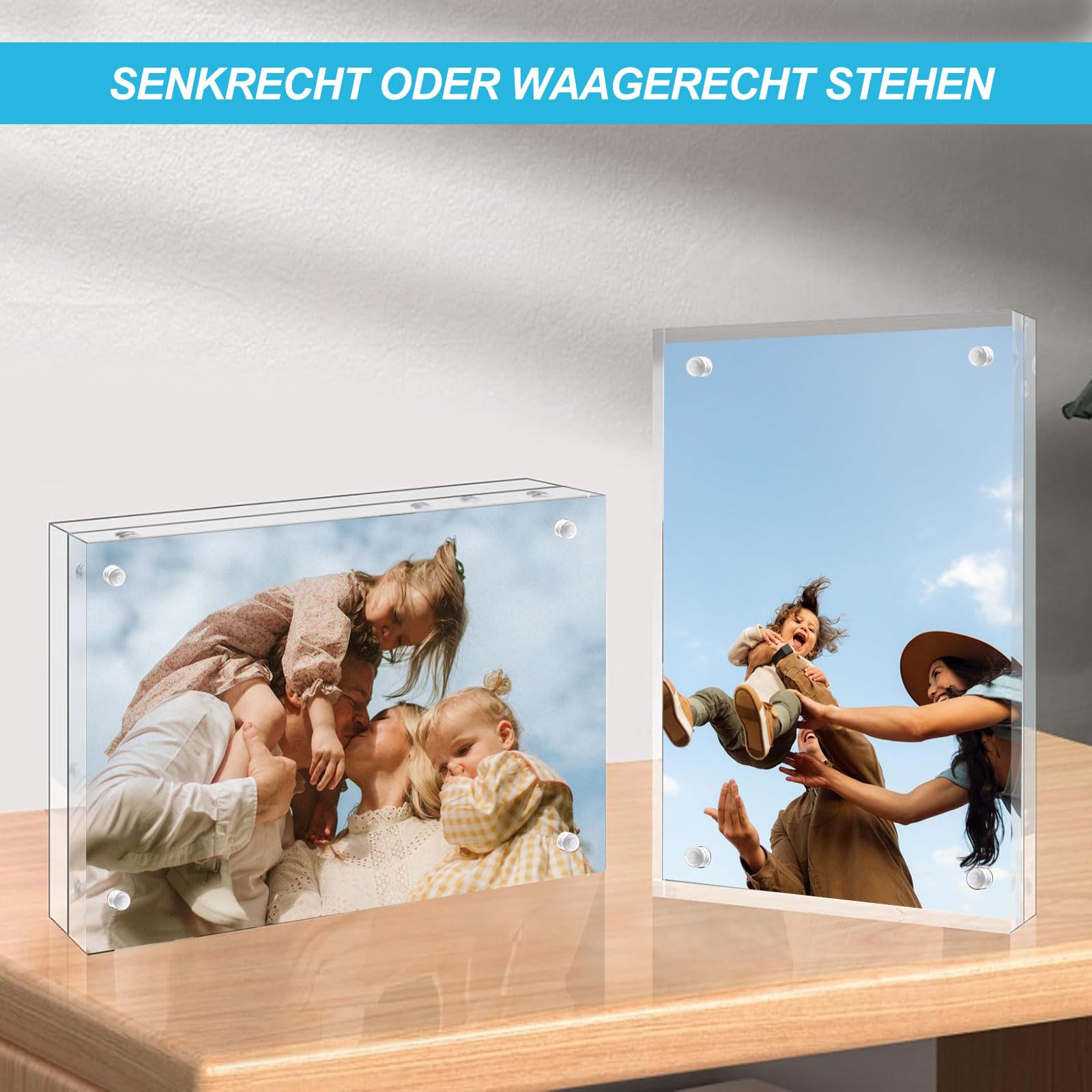 2 Stück Acryl Bilderrahmen 13x18 cm, Transparente Rahmenloser Bilderrahmen Set, Magnetischer Doppelseitiger Tischbilderrahmen, Freistehend, Geschenk für Familie und Freunde