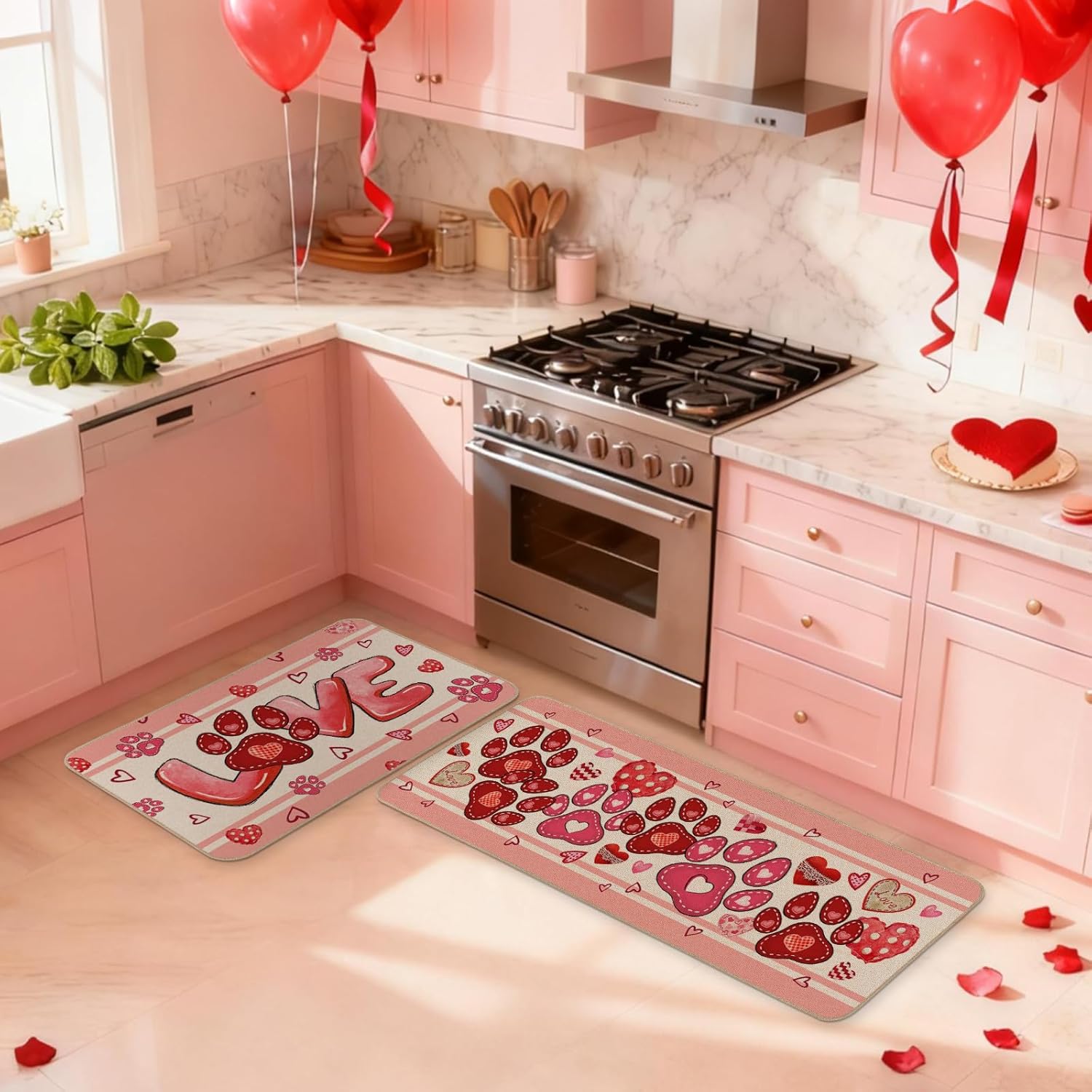 Moutina Love Dog Paw Valentines Kitchen Rugs Set of 2, Valentines Day Home Decor Low-Profile Kitchen Mats for Floor - 17x29 and 17x47 Inch