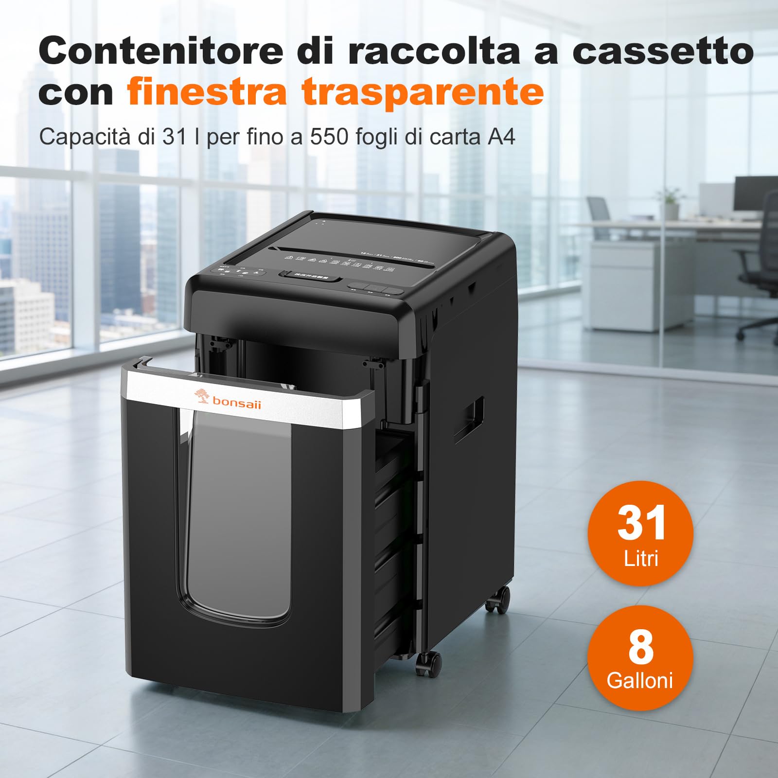 Bonsaii C291-A Distruggidocumenti P-4 Micro-Cut, con alimentatore automatico di documenti da 300 fogli, funzionamento continuo, 60 minuti, contenitore per rifiuti da 31 litri