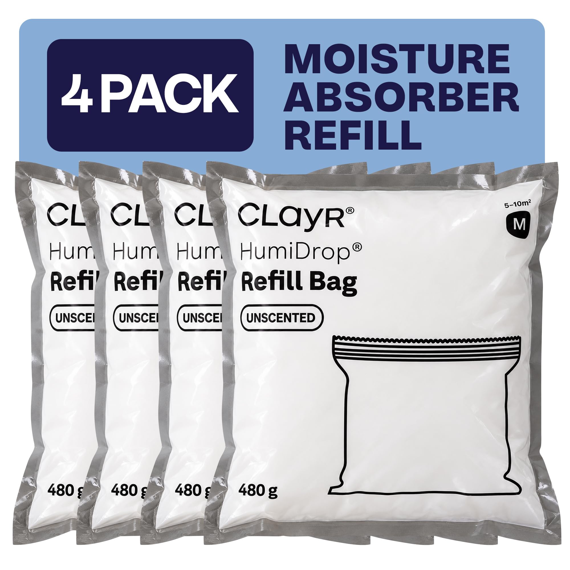 Clayr HumiDrop Dehumidifier Refill Bags Pack of 4, 480g Calcium Chloride Moisture Absorber Refills, Damp Trap Refill Bags for Clayr Refillable Dehumidifier for Bathrooms, Wardrobes, Bedrooms, Caravans