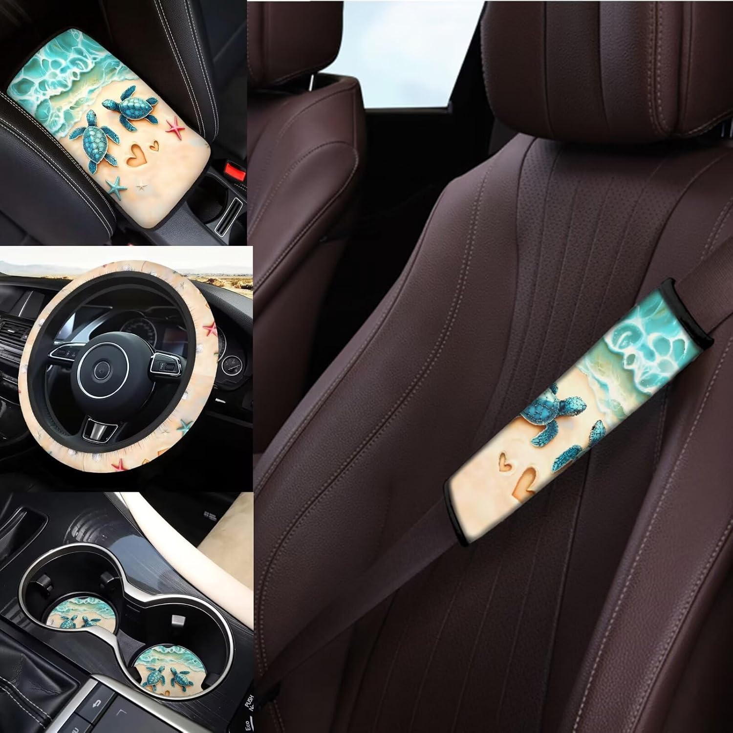 14 Pcs Sea Turtle Beach Car Seat Covers Full Set Universal Fit Car Accessories Interior Set Hawaiian Sea Turtle Steering Wheel Cover Thin Armrest Pads Front Side Mirror Cover for Most Cars