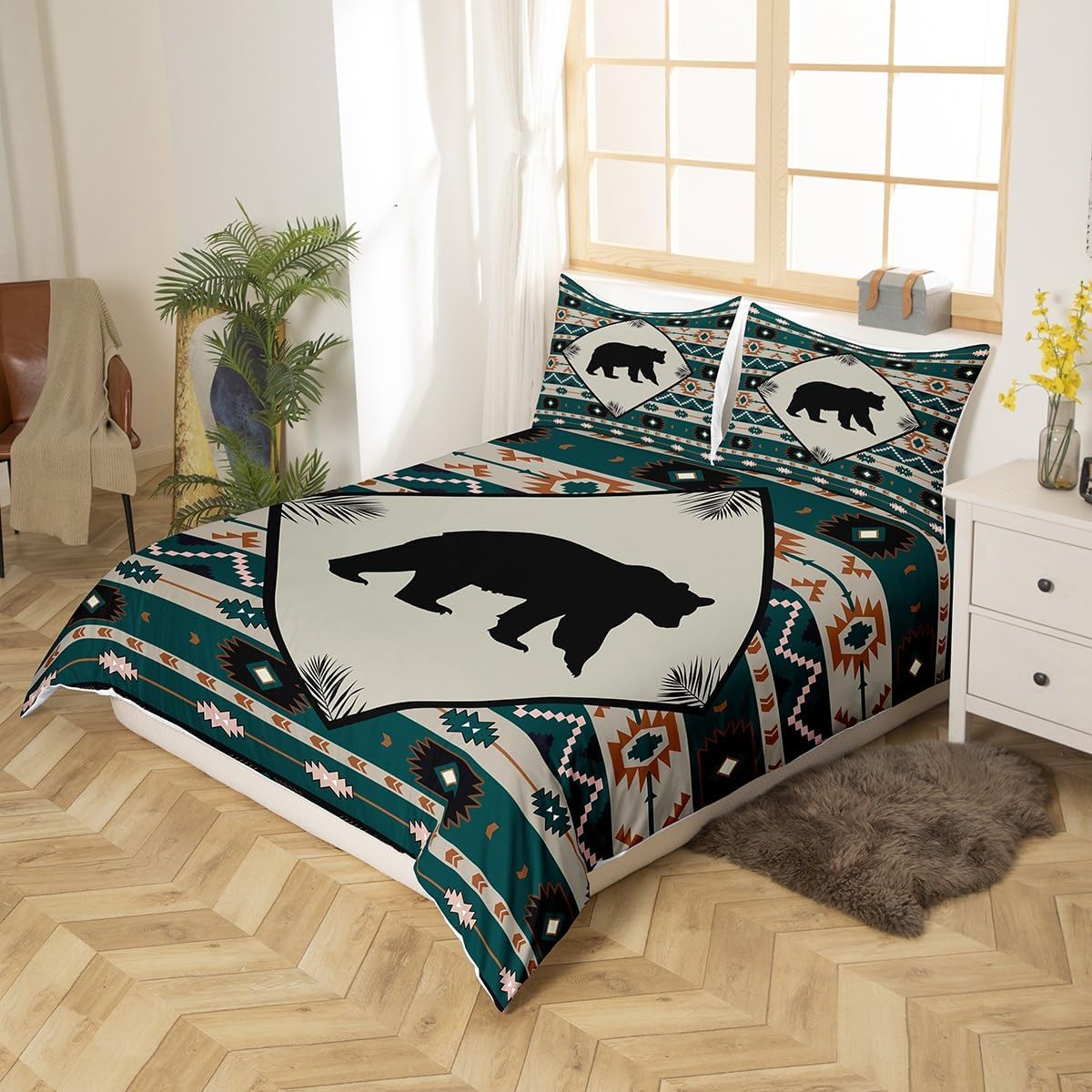 Wild Bear Bedding Set King Size for Bedroom Decorative,Geometric Flower Stripes Leaves Plant Boho Style Duvet Cover,Wildlife Animal Silhouette Bedding Quilt Cover with 2 Pillow Cases(Not Comforter)