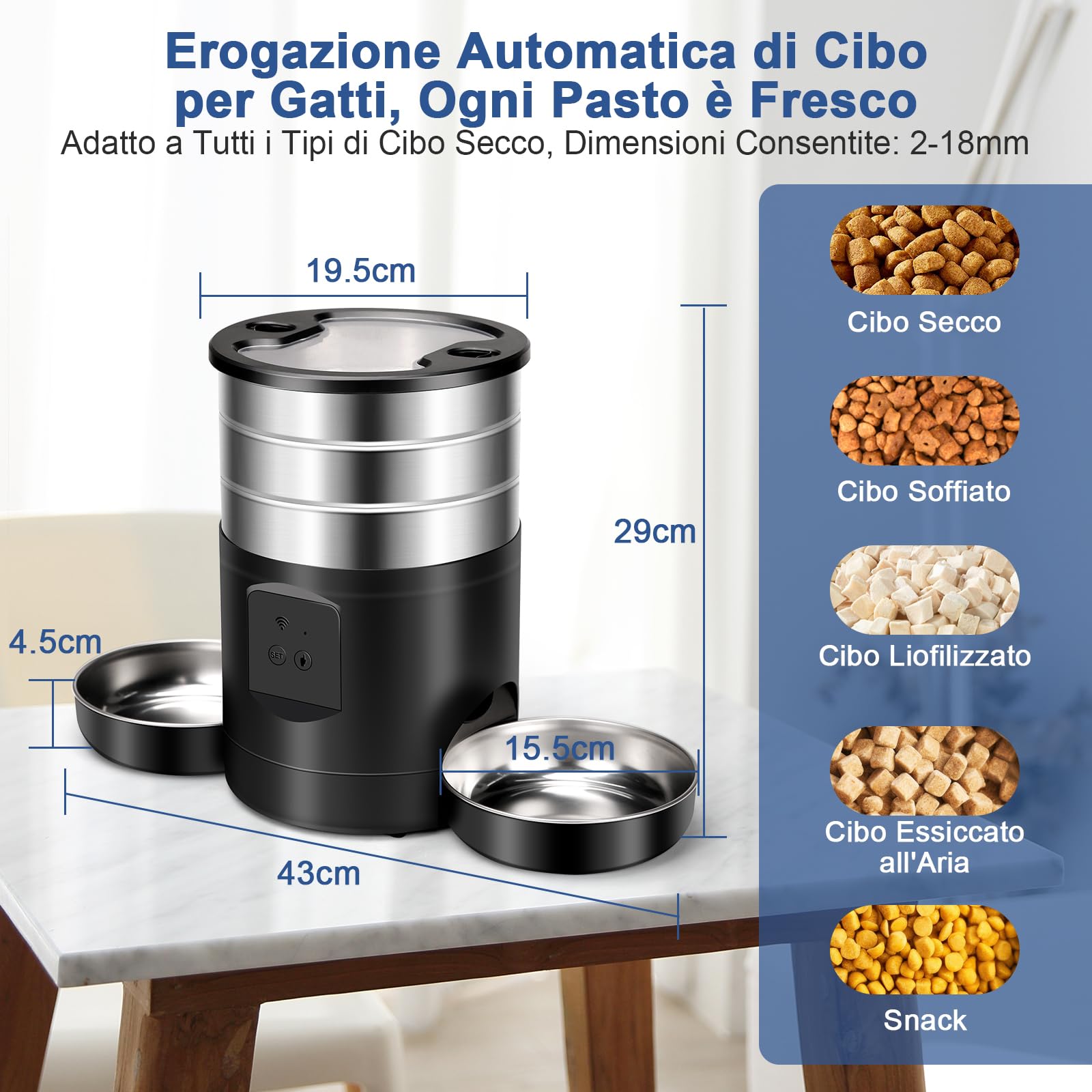 5L Distributore Automatico Cibo Gatti 2 Ciotole, Dispenser Crocchette Gatto 2.4G WiFi Acciaio Inox Anti-Intasamento 24h Timer 1-10 Pasti al Giorno Alimentazione 1-40 Porzion, Mangiatoia per Cani Gatti