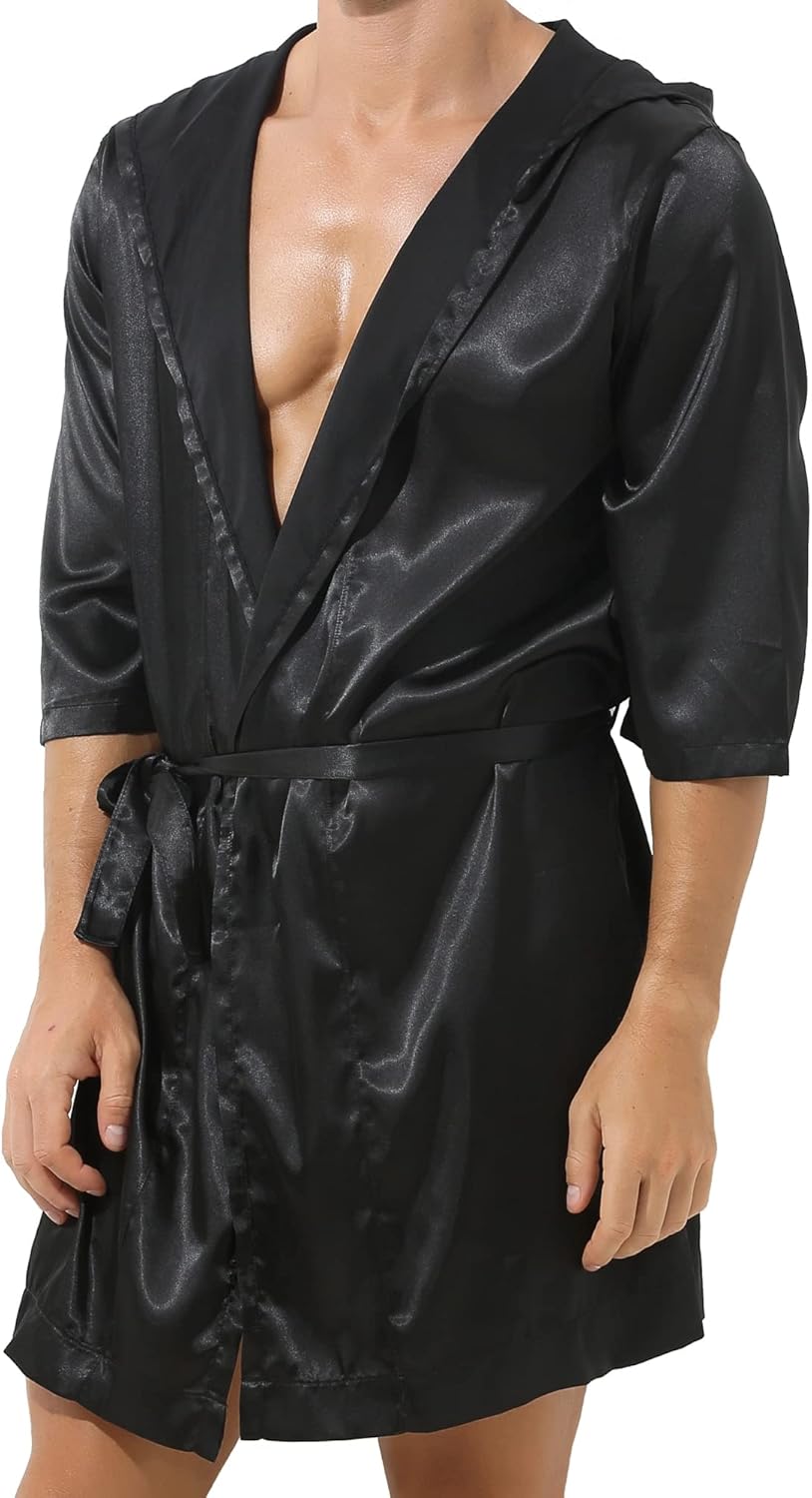 YUFEIDA Mens Satin Robe Silky Bathrobe with Shorts Lightweight Sleepwear Luxurious Pyjama Set Hooded Nightgown with Shorts - Image 3