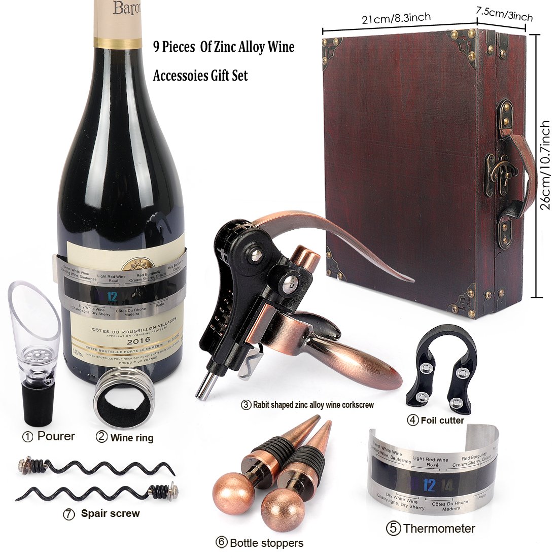 Tire bouchon dans une boîte cadeau en bois, ouvre bouteille de luxe, ensembles de sommelier avec ouvre-bouteille, bouchons à vin, ensembles d'accessoires pour vin (Style 02)