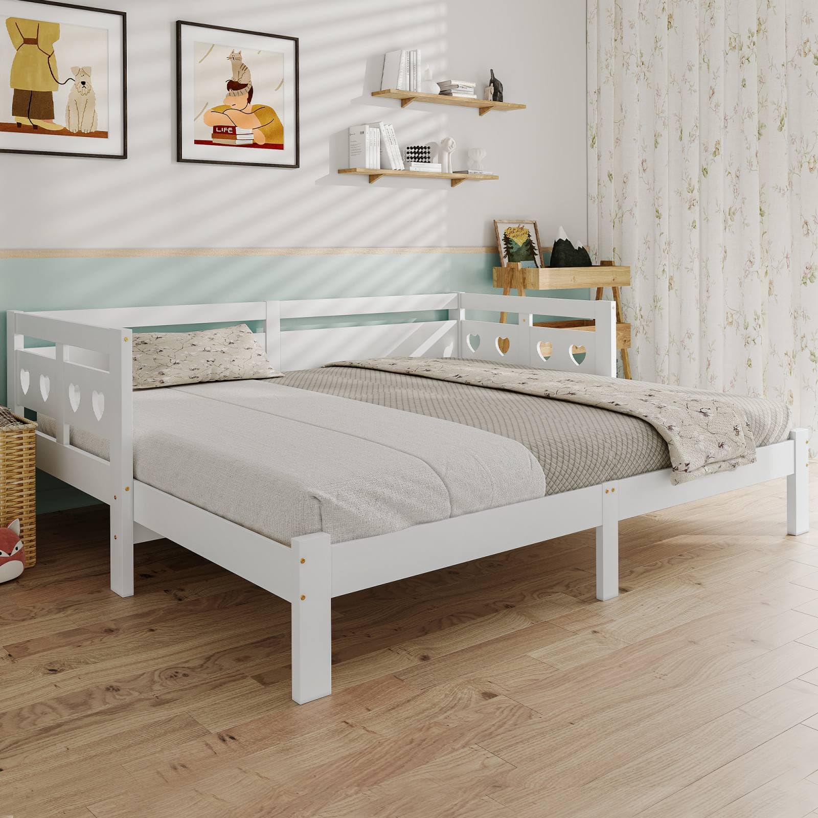 KOMHTOM Lit en Bois de Jour avec Clôture de Sécurité,Extensible Cadre de lit Sommier à Lattes en Bois, Chambres à Coucher(sans Matelas) (Blanc, 90-182x200CM)