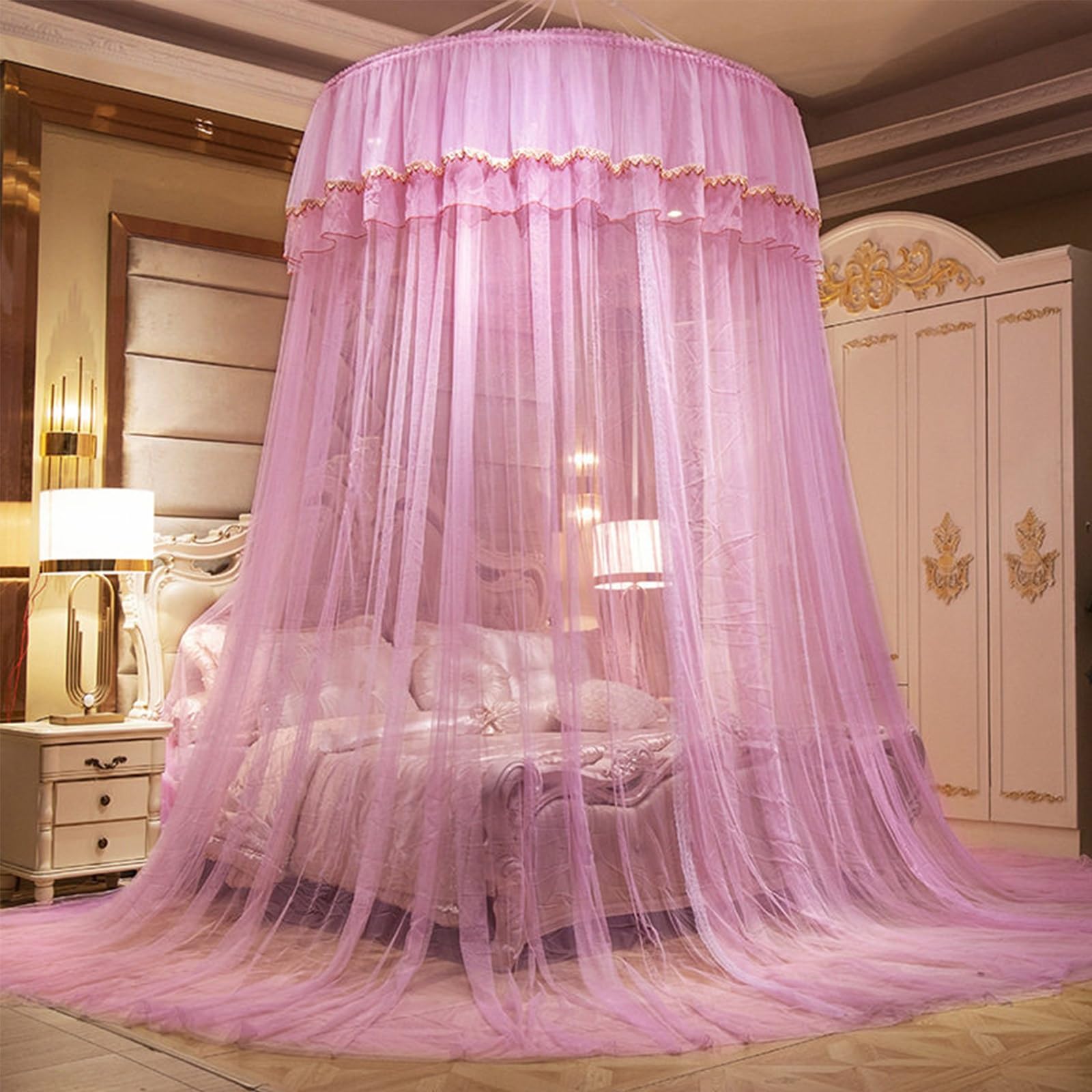 SARKEY Prinzessinnen Betthimmel,Luxuriöser Moskitonetz Betthimmels Für Mädchen Und Erwachsene,Eleganter Bettvorhang,Baldachin,Runde Kuppelspitze,Hochzeit,Schlafzimmer,Dekoration(Pink)