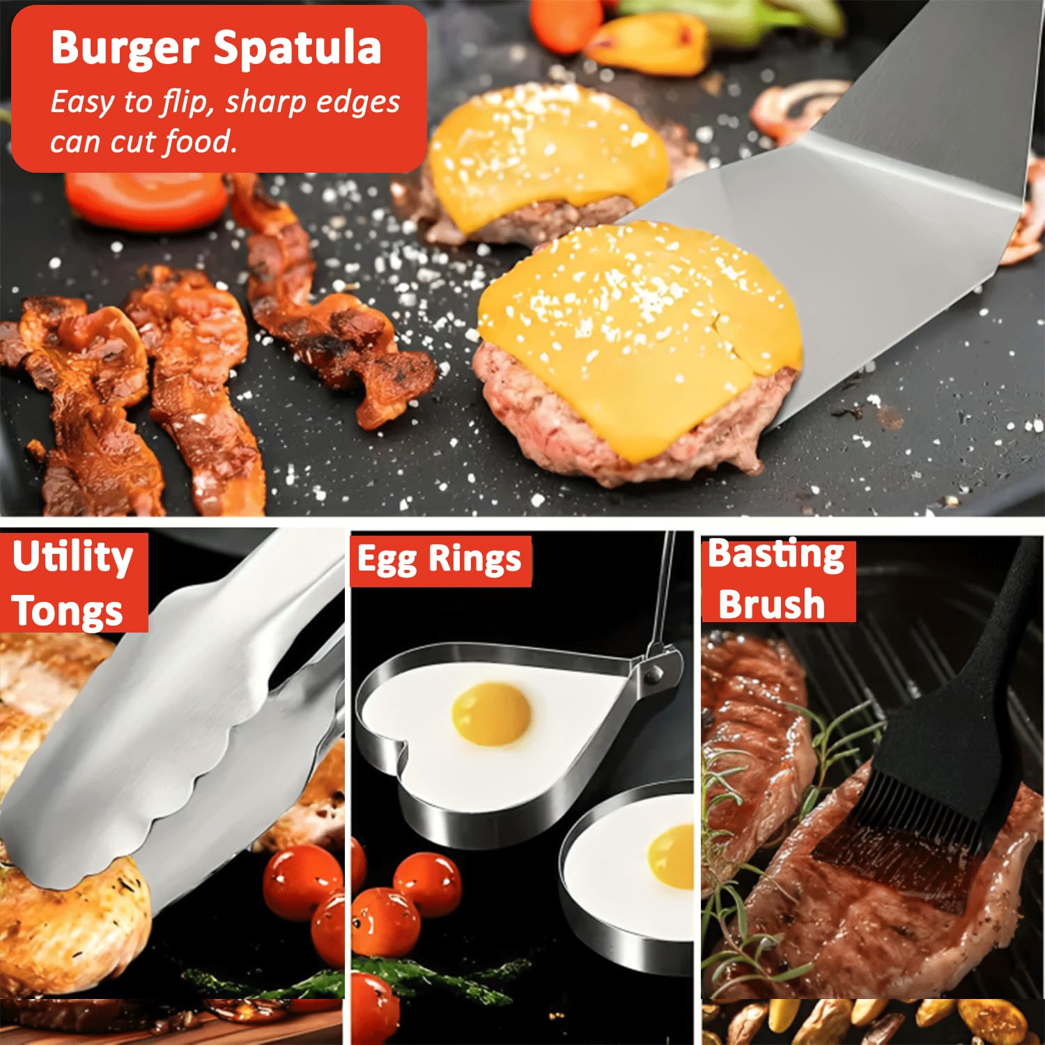 9Pcs Burger Press Kit with Smash Burger Press, Griddle Spatula, Burger Cloche, Egg Rings, Tongs, Brush, Shaker & 50 Wax Discs - Image 4