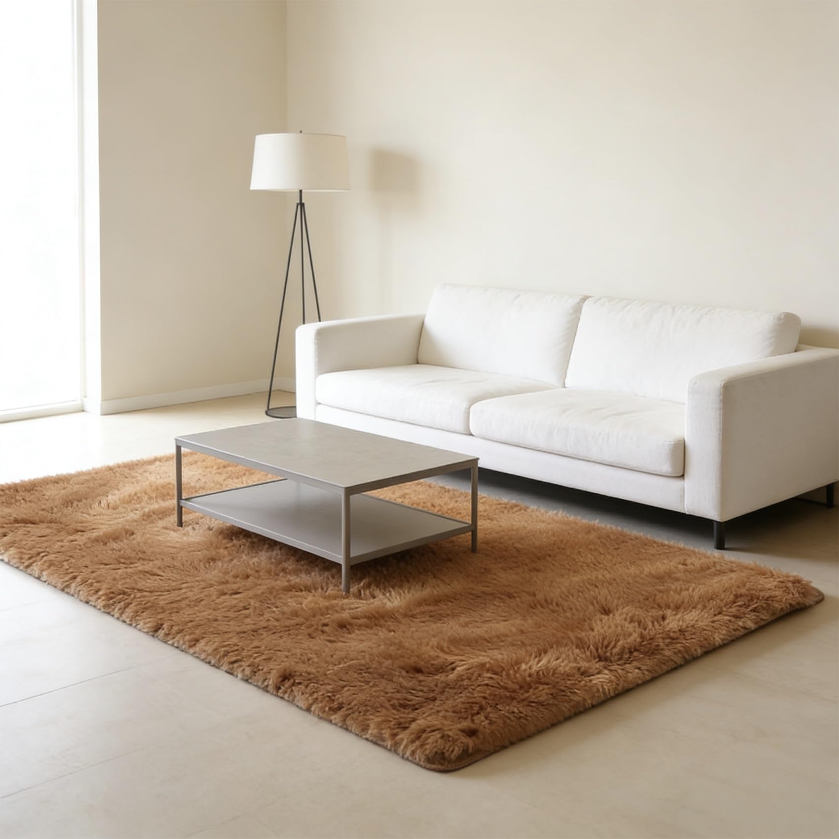Tapis de salon 188x190 cm shaggy marron à poils longs doux et moderne