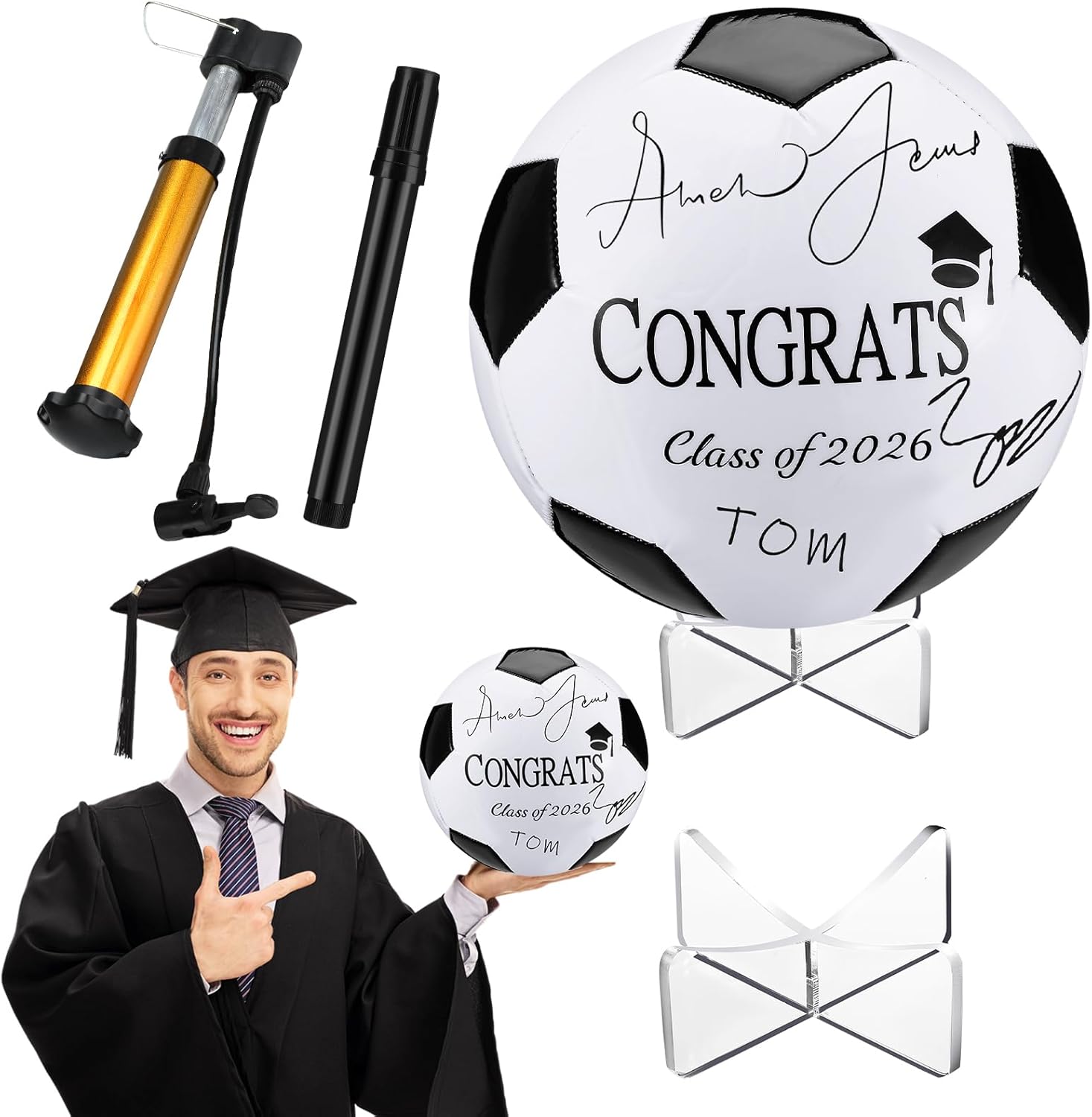 Liliful 2026 Graduation Autograph Soccer Ball Anniversary High School College Coaching Gift Official Size 5 Blank Ball with Pump Stand Signature Pen for School Graduation Youth Gift