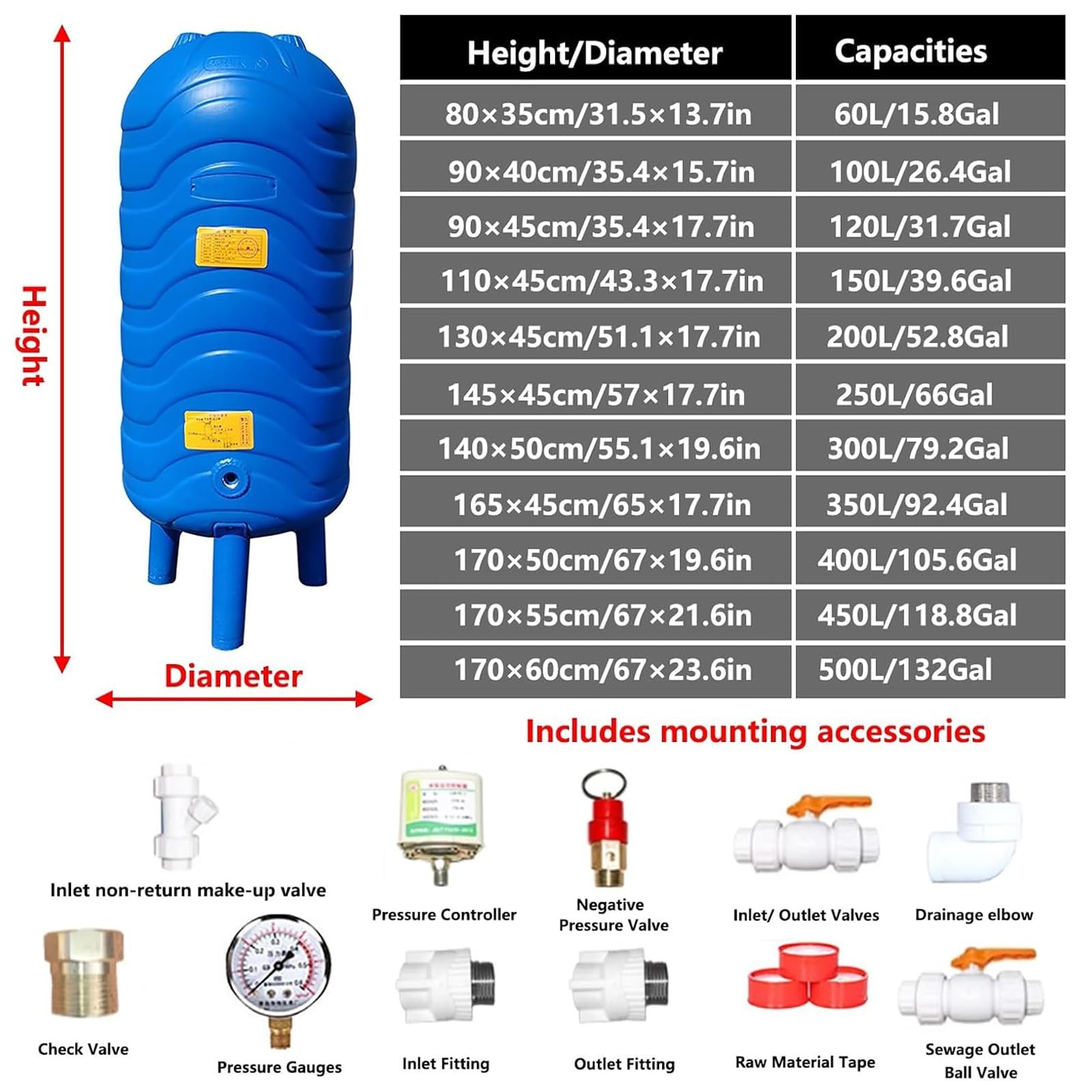 Tanque de presión de Agua, Tanque de Almacenamiento de Agua a presión de PE, Tanque de expansión de 250 L/66 galones para ósmosis inversa, Sistema automático de plástico con Kit de Montaje p