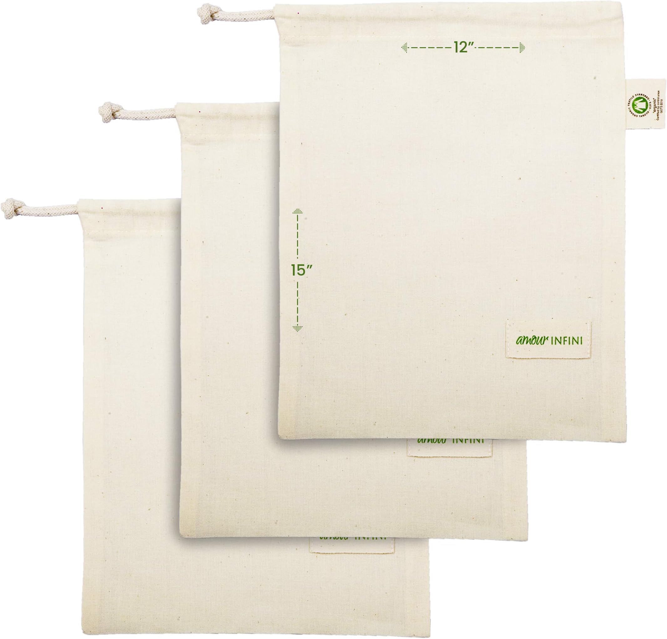 AMOUR INFINIReusable Organic Cotton Grocery Bag | Washable Muslin Bags for Fruits and Vegetable Storage | Set of 3 (Large) | Tare Weight Tag, Drawstring | Produce Saver Bags | Nut Milk Bags
