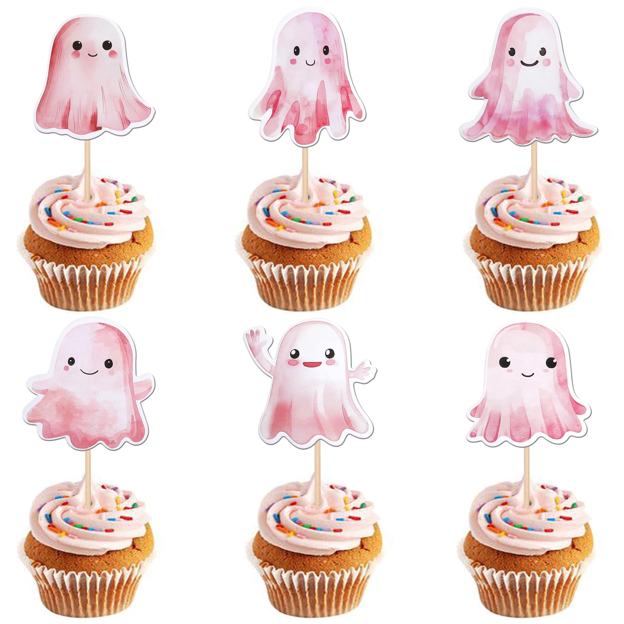 Xsstarmi 36 Pack Ghost Cupcake Toppers Double Sided Halloween Ghost Theme Cupcake Picks for Baby Shower Happy Halloween Party Cake Decorations Supplies Pink