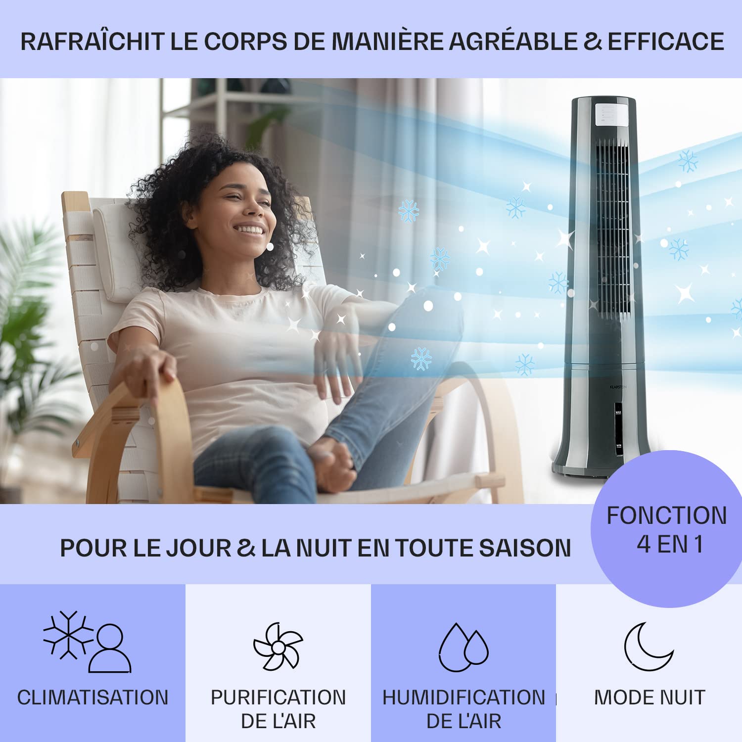 Klarstein Rafraîchisseur d'Air Mobile, Refroidisseur d'Air par Evaporation 4-en-1, Mode Nuit Silencieux, Humidificateur, Ventilateur avec Glacon Efficace, 2,5L, 40W, Débit d'Air de 530m³/h, Noir