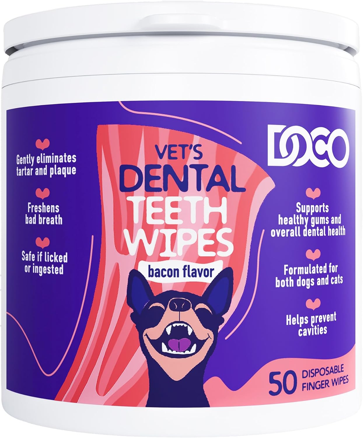 DOCO Dog Teeth Cleaning Wipes – Dog Tooth Brushing Kit, Remove Plaque & Tartar, Dental Freshen Breath, No Rinse, Easy Pet Tooth Cleaning Kit for Oral Care, Ideal for Cat Owners – Bacon Flavor, 50 ct.