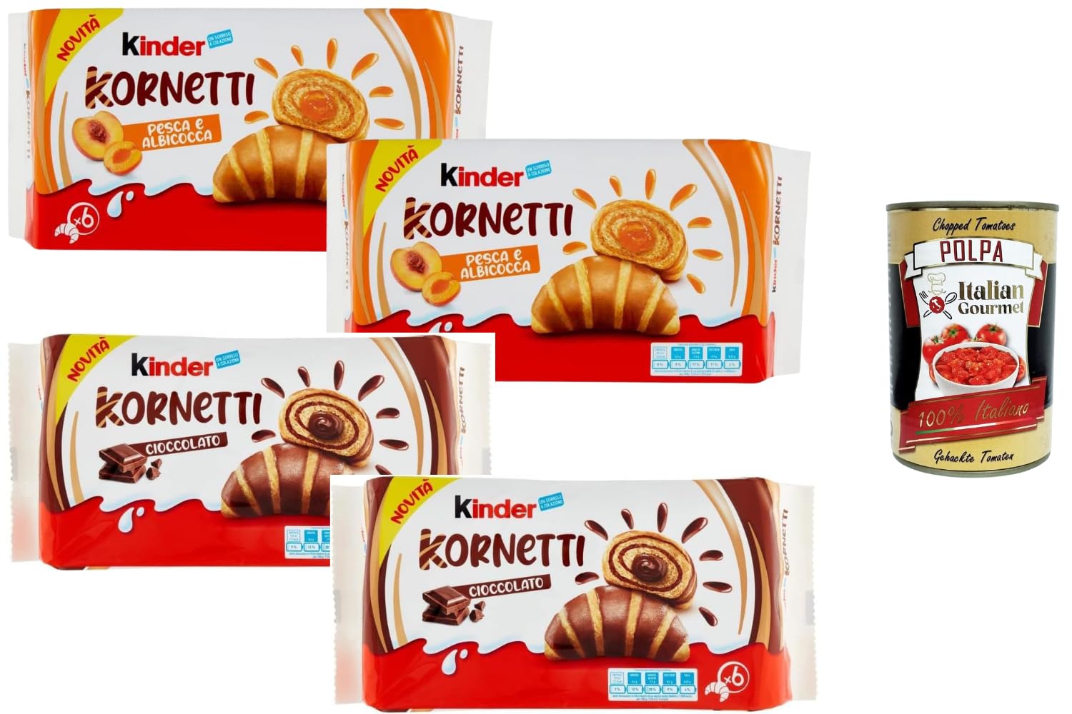 Italian Gourmet Kinder Kornetti Assortis Pêche Abricot & Chocolat – 4 Paquets de Cornetti Italiens Fourrés (4 x 252 g) Viennoiseries Moelleuses Petit-Déjeuner & Goûter + Italian Gourmet Polpa