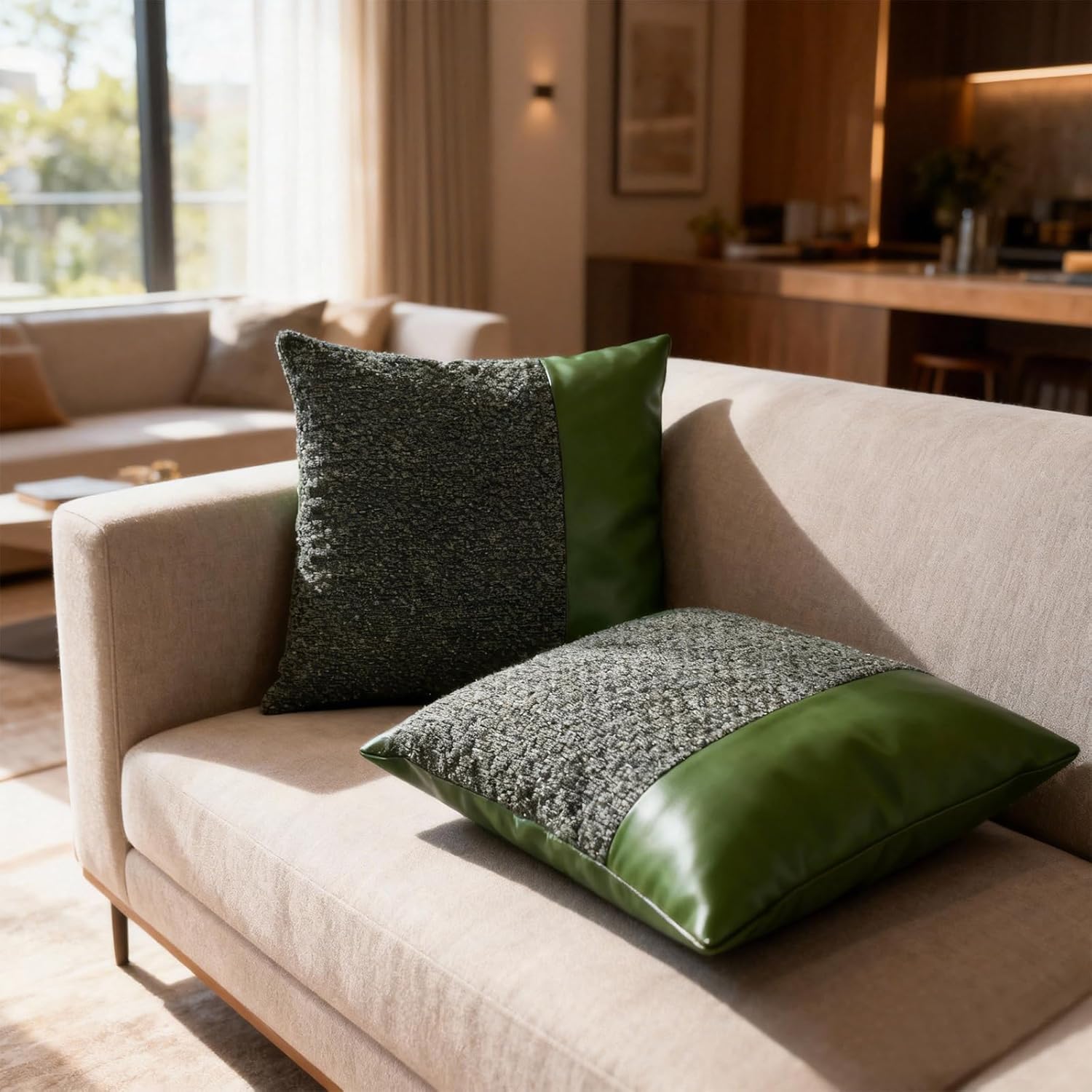 Faux Leather Fluffy Boucle Throw Pillow Covers 18X18 Inch Set of 2 Green Outdoor Modern Farmhouse Solid Decorative Pillow Covers for Room Couch Living Bedroom Bed Sofa