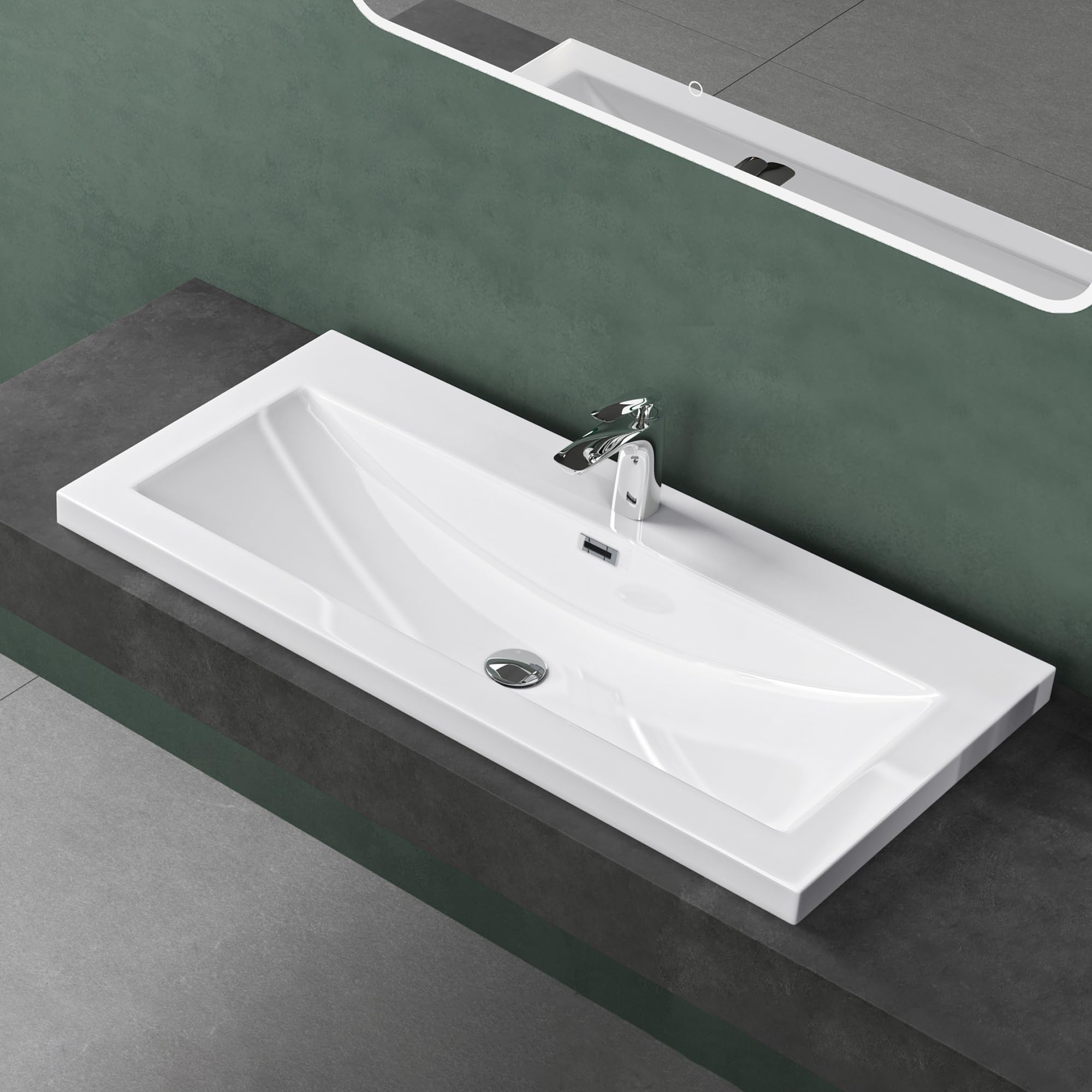 Mai & Mai Waschbecken Einbauwaschbecken Waschschale Waschtisch Mineralguss Weiß Rechteckig 1 Armaturenloch Überlauf-Funktion Breite: 100cm Col01