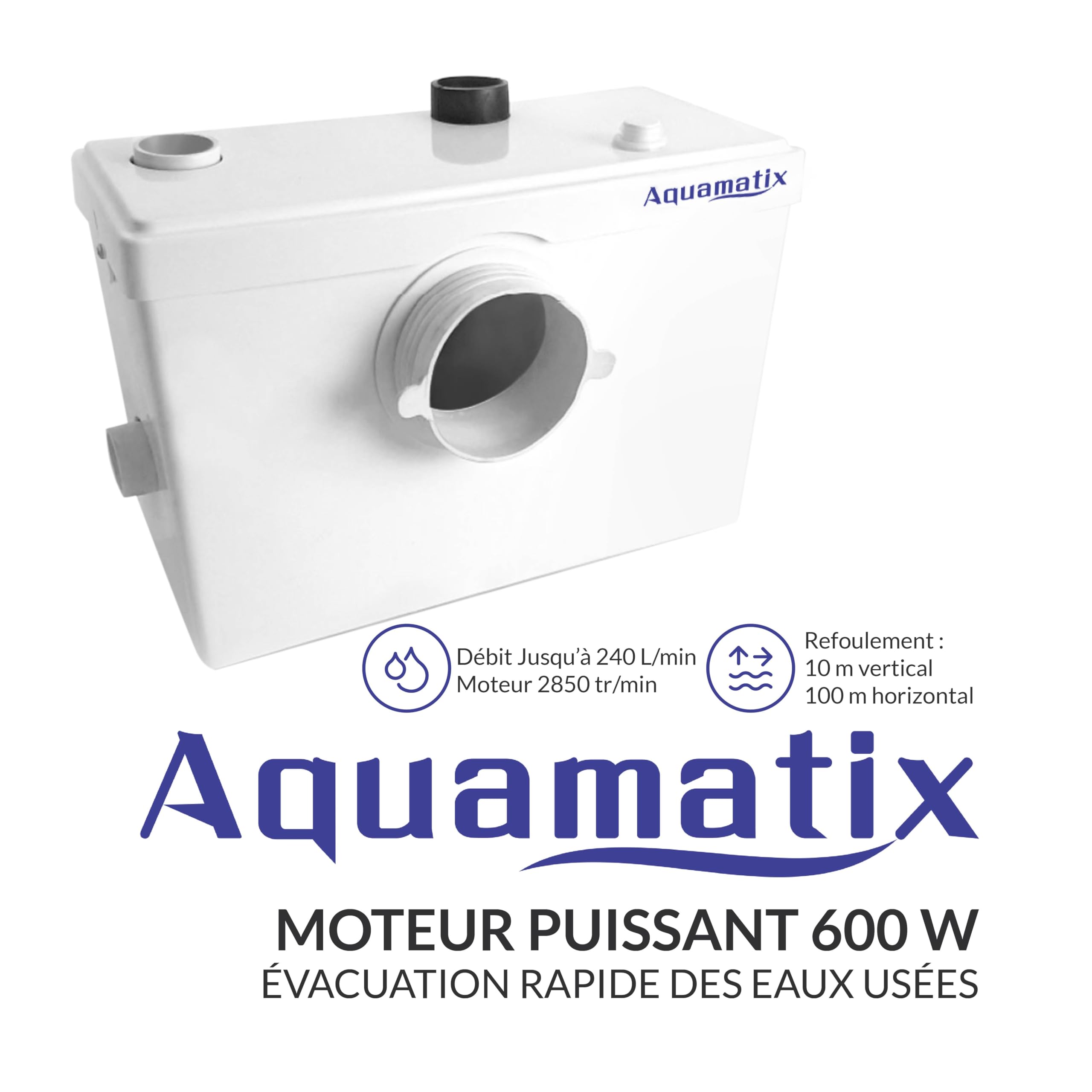 Aquamatix station de relevage compacte 600 W avec broyeur, pompe pour eaux usées jusqu’à 10 m de hauteur de refoulement, avec 3 entrées, pour WC, douche et lavabo