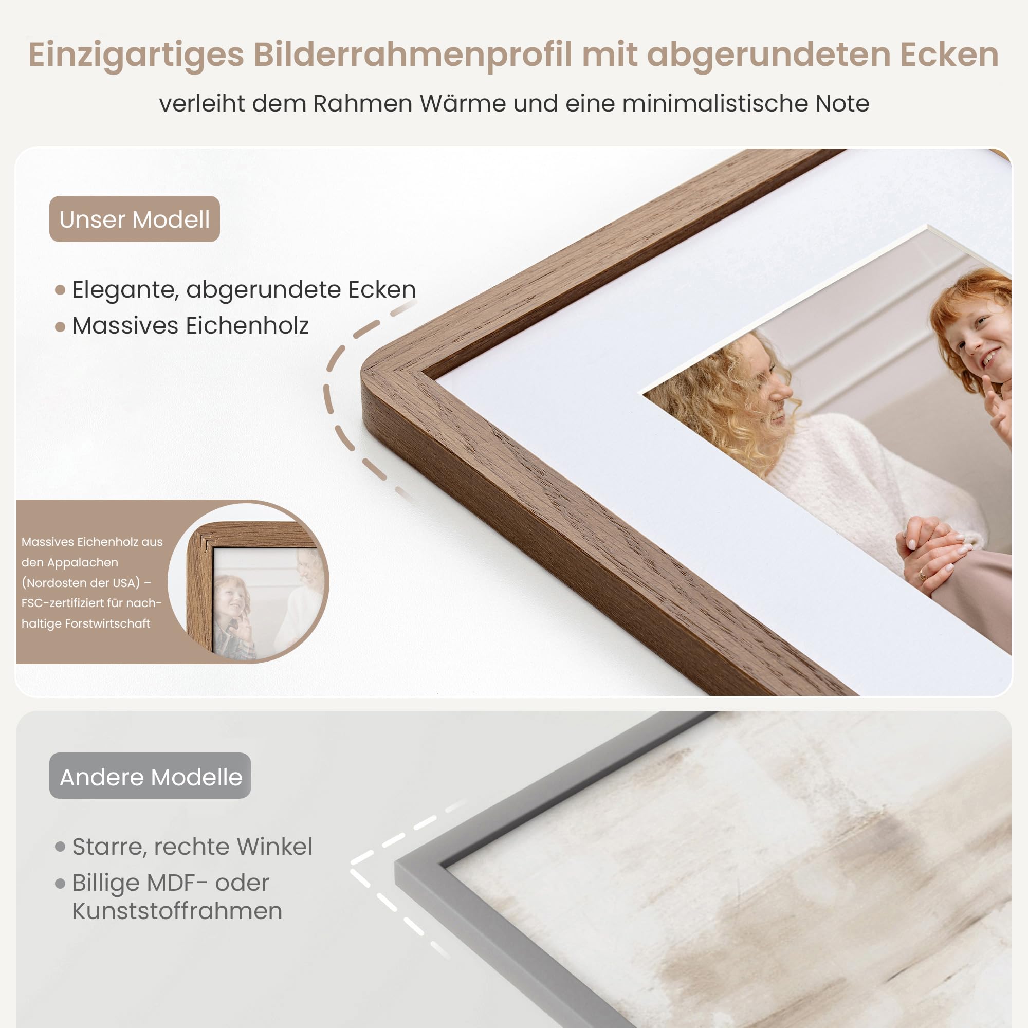 FLYJOE Bilderrahmen aus massivem Eichenholz, 50x70 cm, mit Passepartout für 40x50 cm, gehärtetes Glas und Befestigungsmaterial zum Aufhängen, Walnuss, 1 Stück