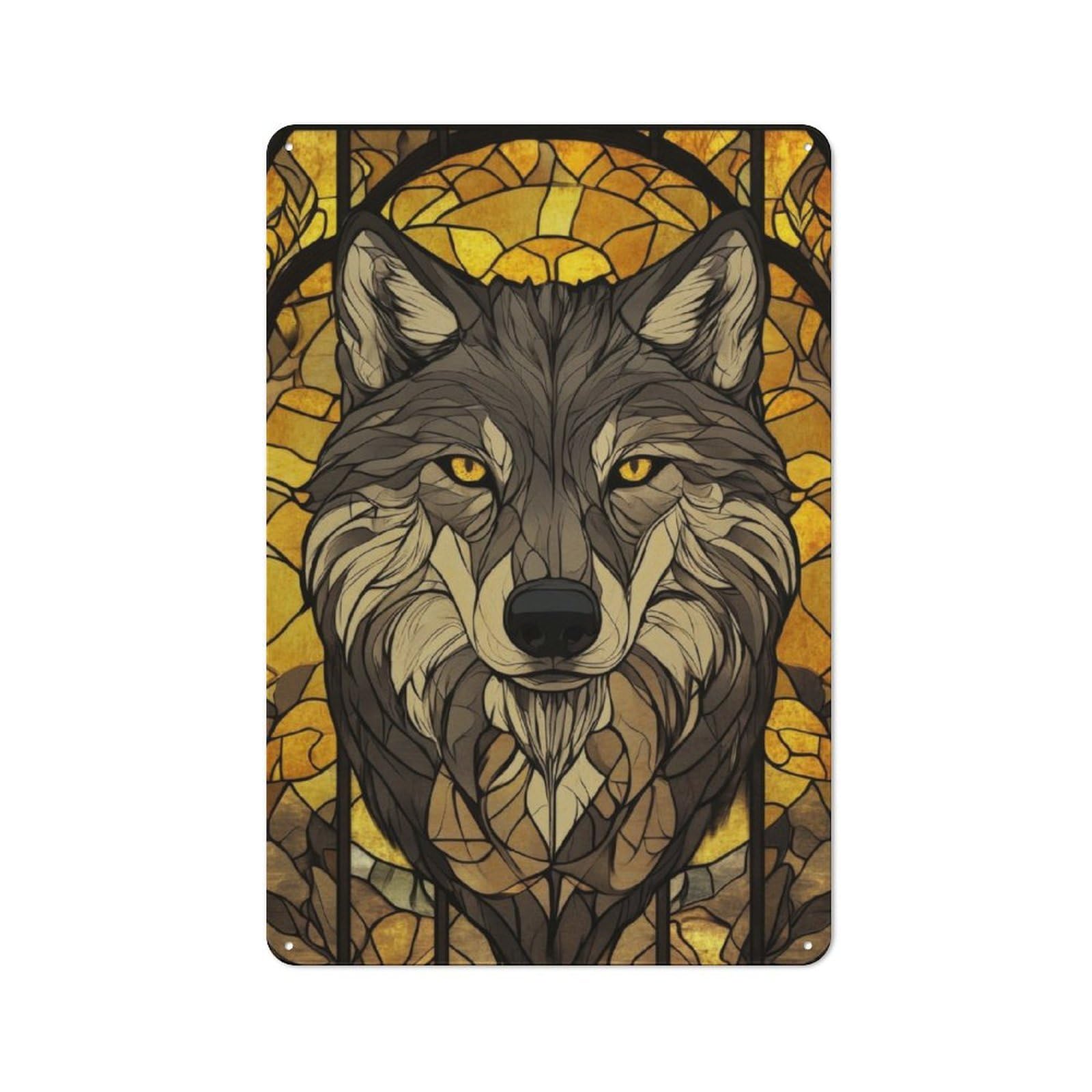 Junmoney Wolf Stained Glass Vintage Metal Sign 30X20cm For Guest Room Or Hallway, Suited To Guest Room Decorators