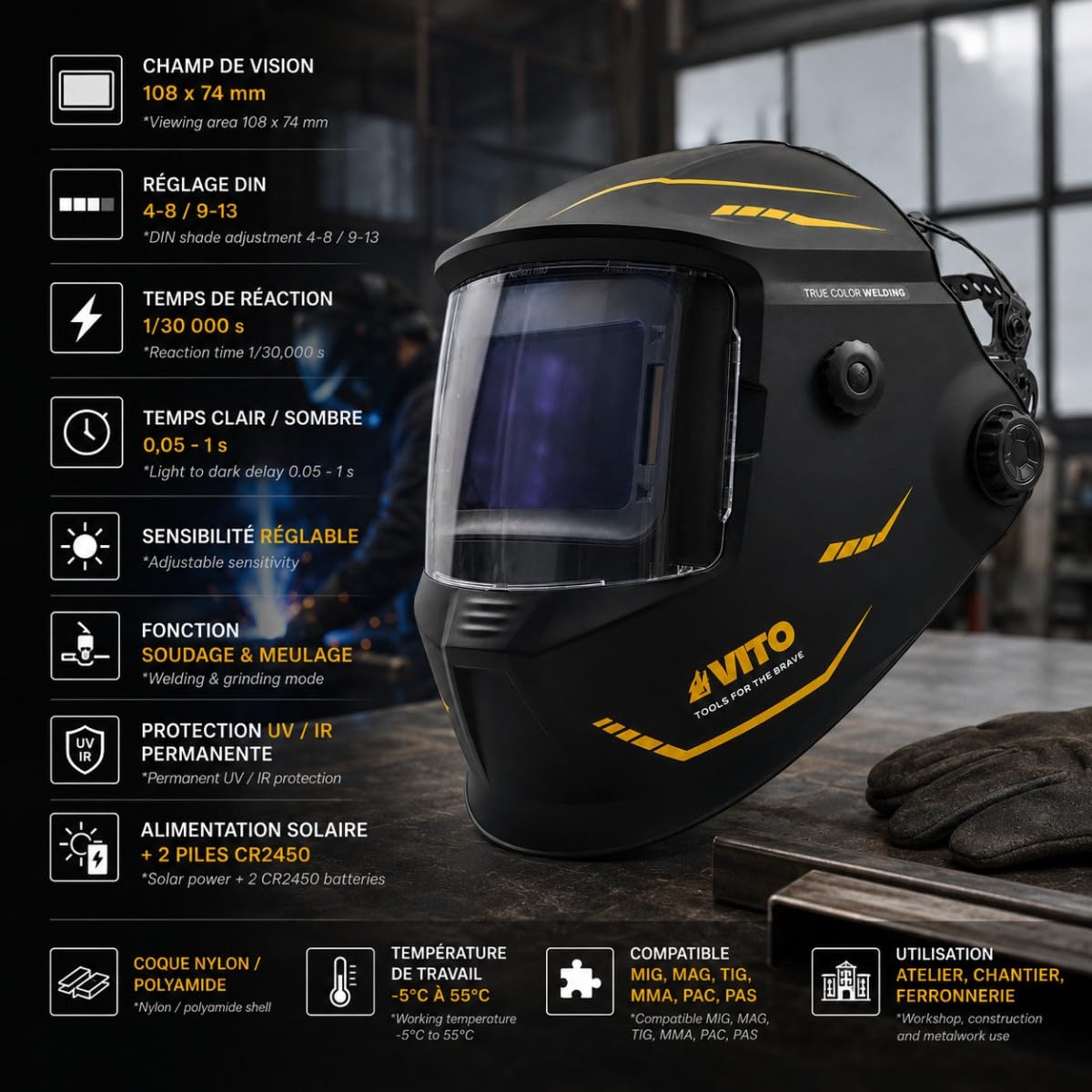 Máscara de soldadura electrónica True Color Din 4-13 - Casco de soldadura autooscurecimiento LCD Protección Rayo UV IR, Soldadura MIG MAG TIG MMA Molienda VITO