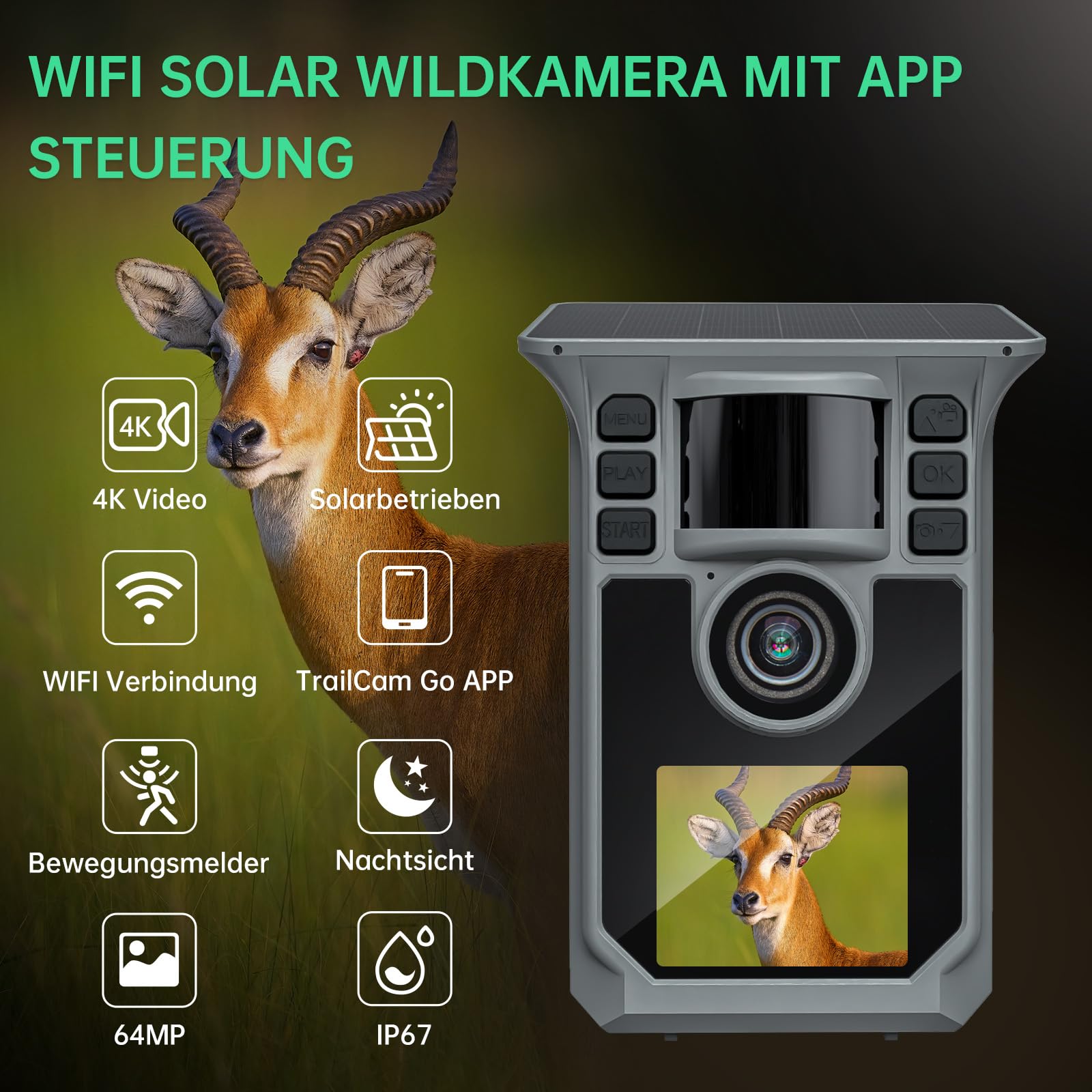 Hrivcam 4K 64MP Wildkamera mit Handyübertragung APP, Solar WLAN Bluetooth Eingebaute 5000mAh, 64GB Speicherkarte, Wildkamera mit Bewegungsmelder Nachtsicht, IP67 Wasserdicht 130°Weitwinkel