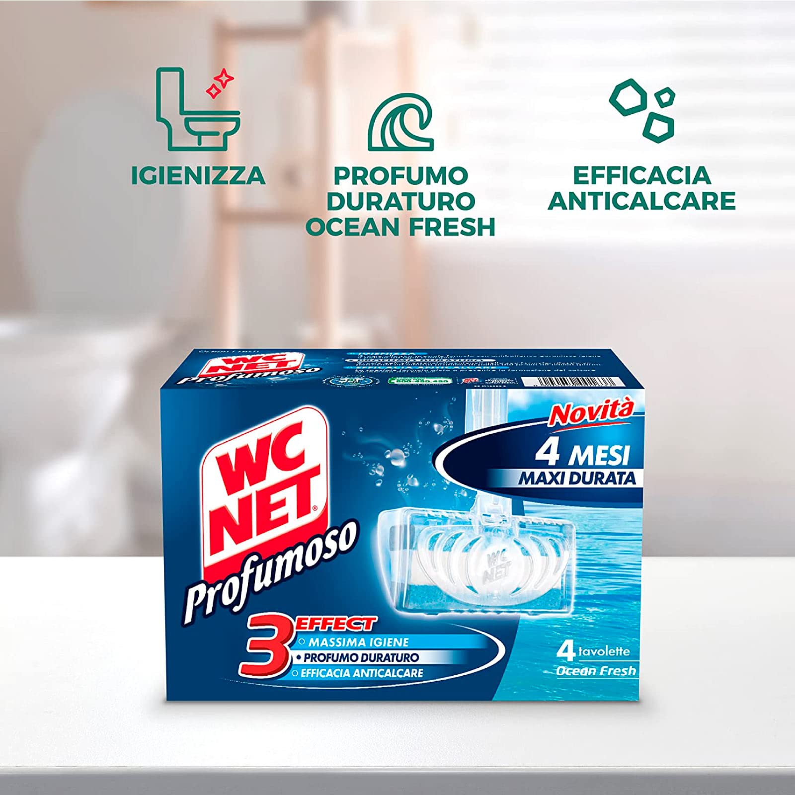 Wc Net - Tavoletta Profumoso 3 Effect, Detergente Igienizzante Solido per WC, Fragranza Ocean Fresh, 4 Pezzi x 4 Confezioni