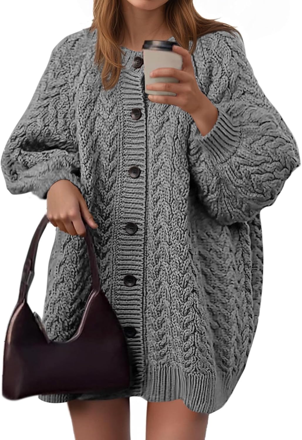 Saodimallsu Womens Cable Knit Cardigans Oversized Chunky Button Down Long Lantern Sleeve Crew Neck Warm Sweater Dress
