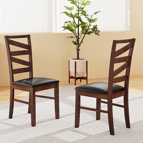 Miniatura 8 de KOTEK Juego de 4 sillas de comedor de madera, sillas de cocina de granja con asiento tapizado de piel sintética, patas de madera de goma maciza,