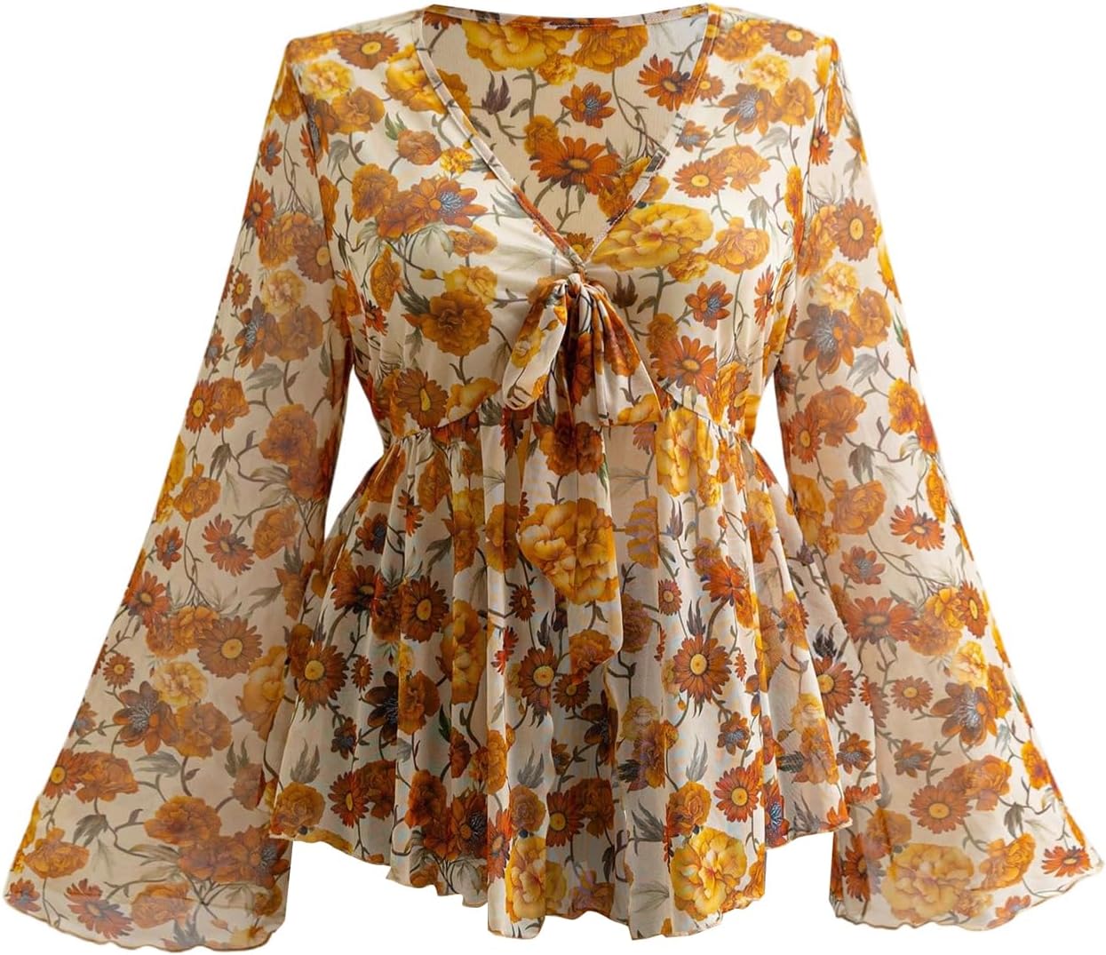 SweatyRocks Women's Plus Size Ruffle Tie Front Mesh Floral Print Shirt Bell Sleeve Peplum Top Blouse