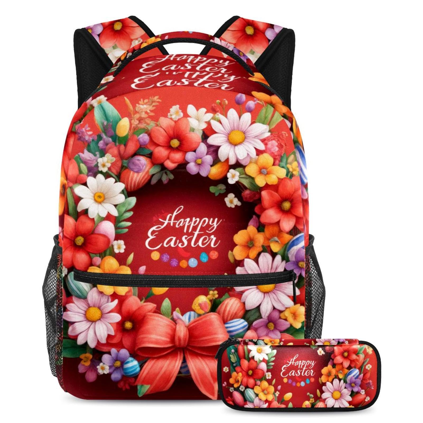 Sac d'école grande capacité avec trousse multicolore Happy Easter durable