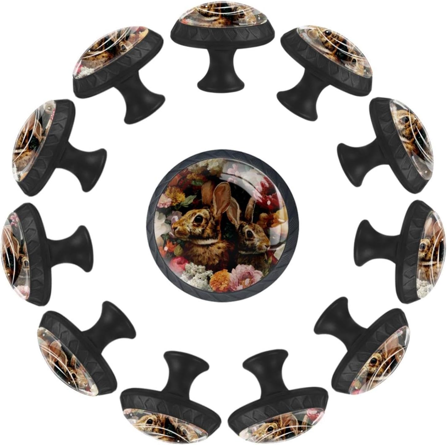 Easter Rabbits Floral (2) Printed Drawer Knobs, Round Cabinet Knobs with Long & Short Screws, ABS Glass Hardware for Kitchen Bedroom Dresser Cupboard