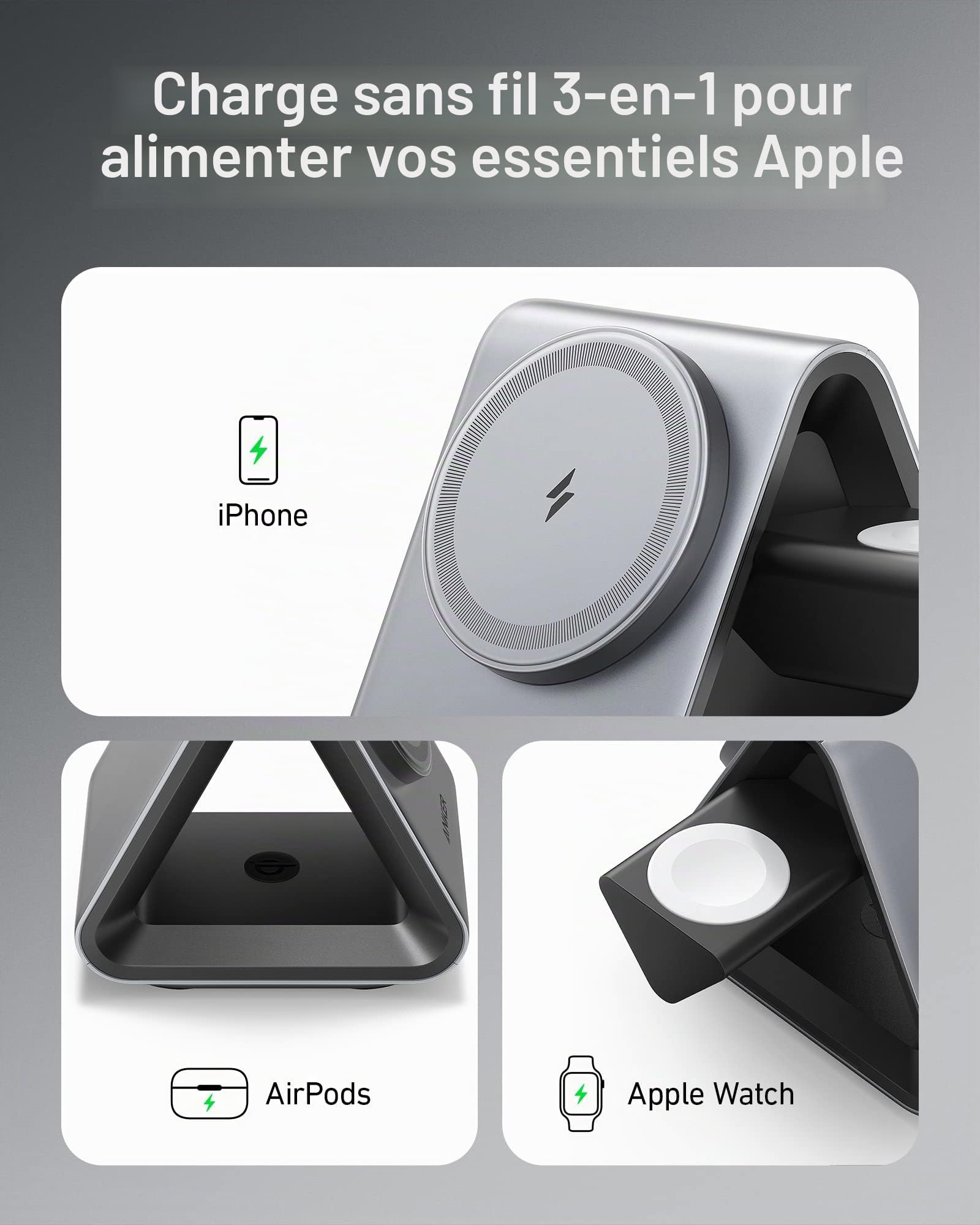 Chargeur MagSafe, Anker 737 MagGo Charger (Station 3-en-1) avec Charge Rapide 15 W Max certifiée MFi, pour iPhone 17/16/15 Series, Apple Watch S8/7/6, AirPods 3 / Pro (Chargeur USB-C 30 W Inclus)