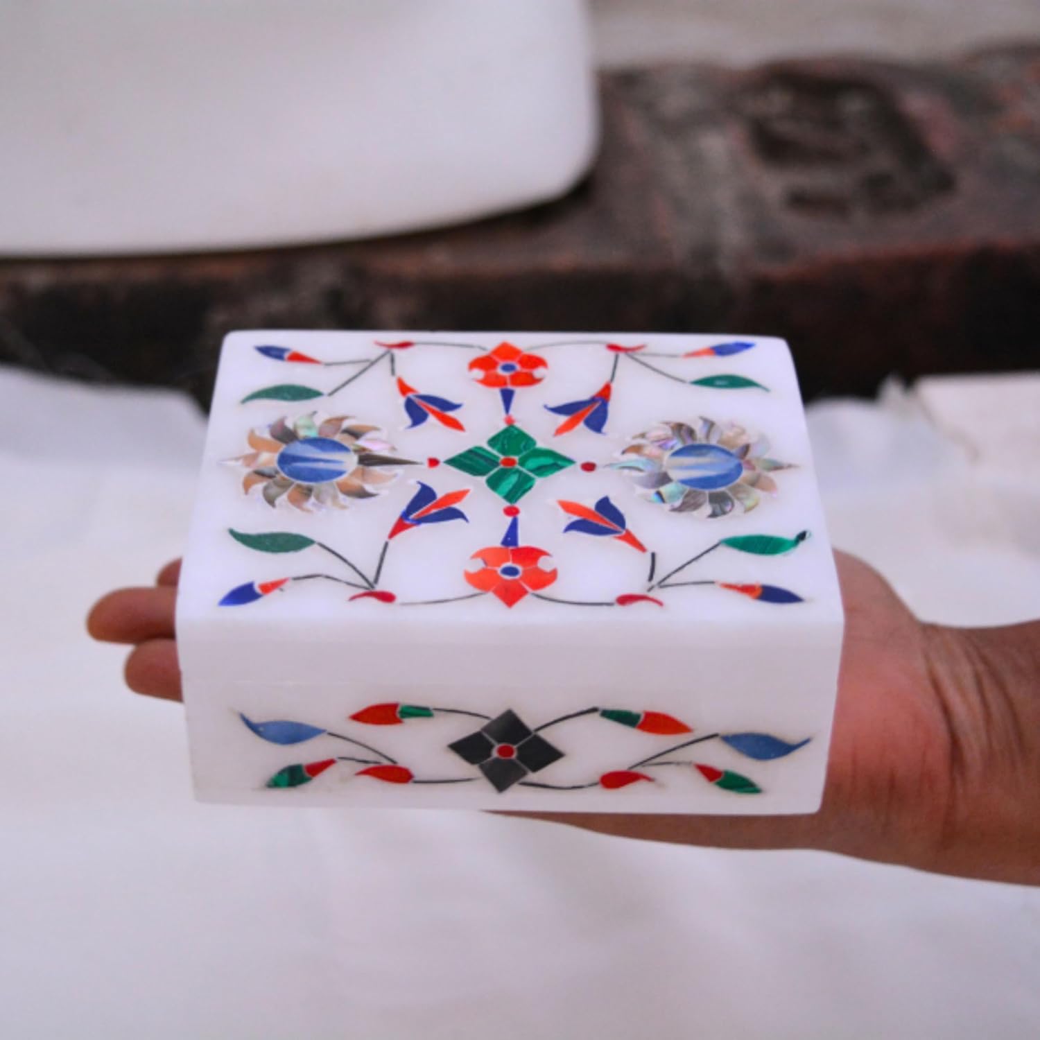Marble Inlay Jewelry Box 4x3 – Handmade Floral Trinket & Ring Organizer, Shiny Decorative Marble Box, Unique Inlay Art, Perfect Birthday Gifts & Elegant Home Decor for Women