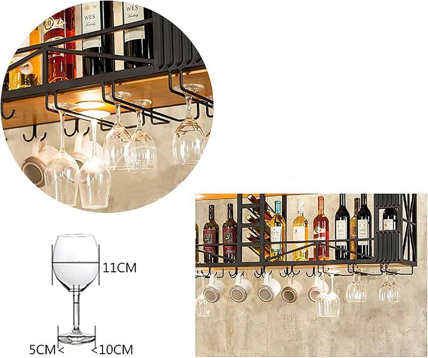 Ceiling Shelf, Metal Hanging Wine Rack, Thickened, Thick, Sturdy and Stable Double Ceiling Hanging Kitchen Storage Rack, with 2 Kinds of Cup Holders, with Lights Home Decoration