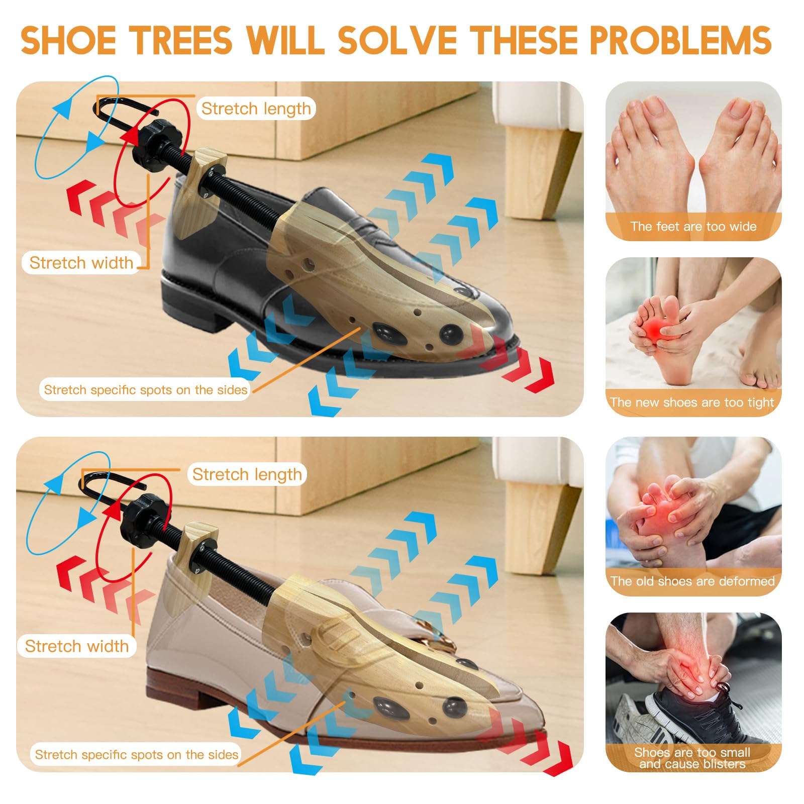 Schuhspanner aus Holz, für Damen und Herren, professioneller 4-Wege-Schuhspanner aus Holz, Stretch-Länge, Breite für breite Füße