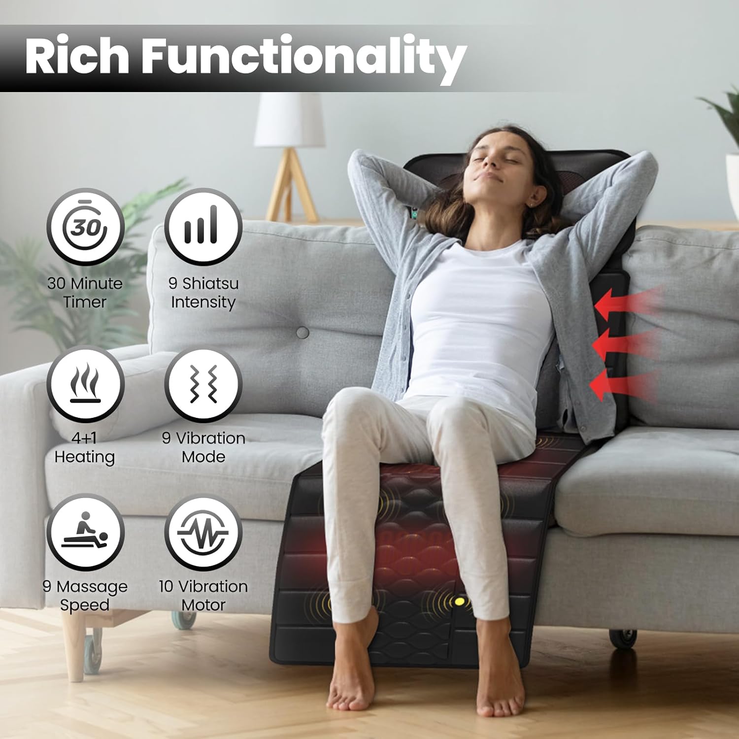 Massage Mat, Detachable Neck Massager, Full Body Vibration Heating, Massage Pad with 10 Vibrating Motors and 9 Speed Settings for Home Office Use, Gift for Men Women Parents Christmas,Black