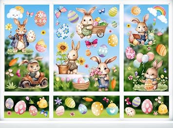 Window Sticker Easter Decoration Self-Adhesive Spring Easter Window Sticker with Rabbits and Easter Egg Easter Decoration Sticker Window Decoration for Easter Decoration and Spring Decoration