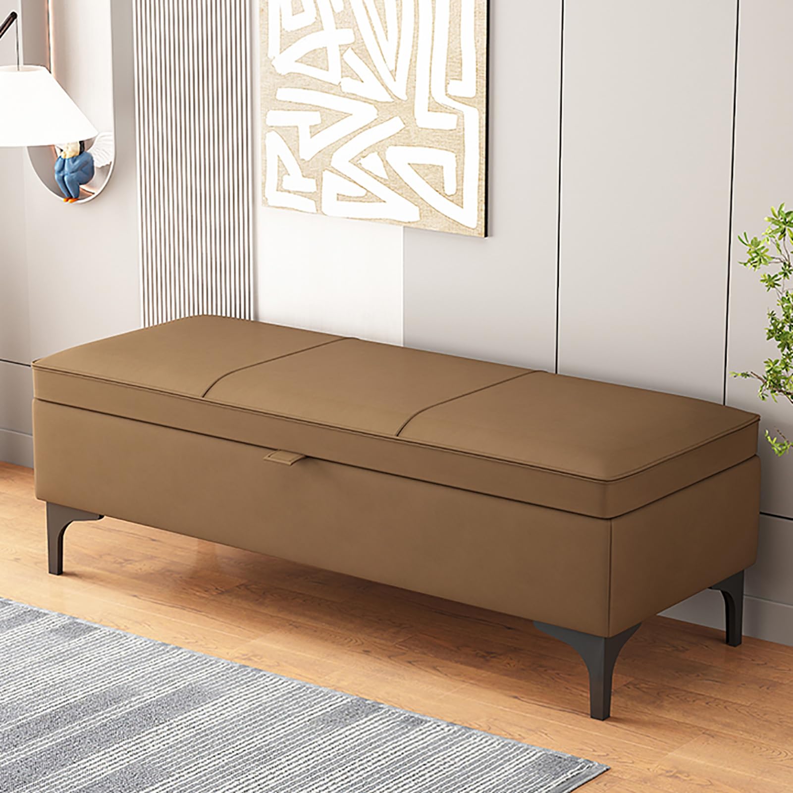 Pouf rabattable en cuir synthétique marron pour ranger le linge dans la chambre ou le salon