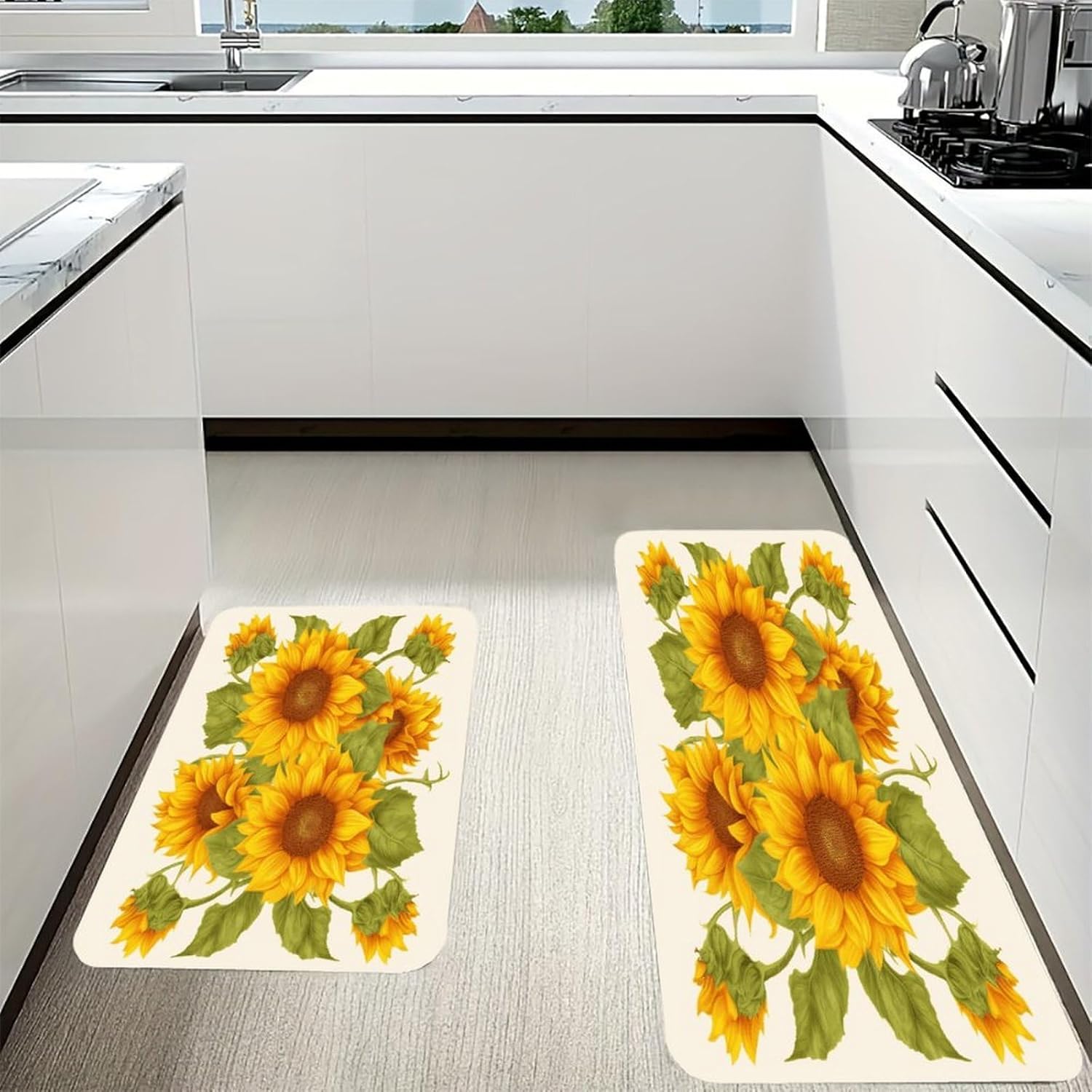 Fresh Sunflower Kitchen Mats with 2PCS Non-Slip Washable,Kitchen Rug Heavy Duty Durable, Floor Mats for Kitchen,Office,Sink,Laundry